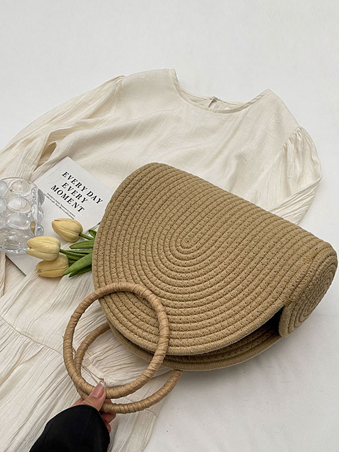 

LULU & SKY Structured Handheld Bag with Cut Work, Khaki