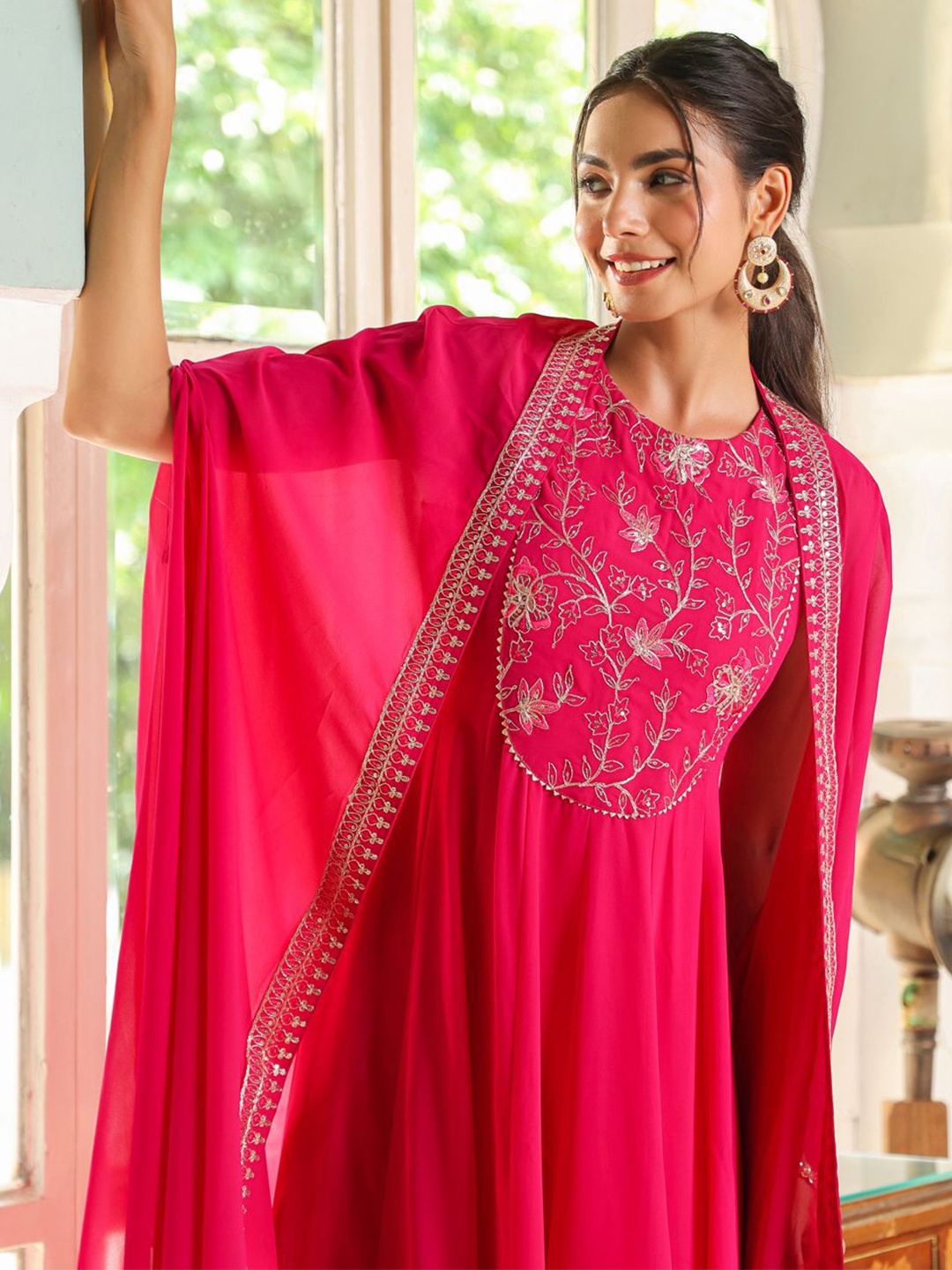 

Janasya Floral Embroidered Georgette Fit & Flare Maxi Ethnic Dress With Cape, Pink