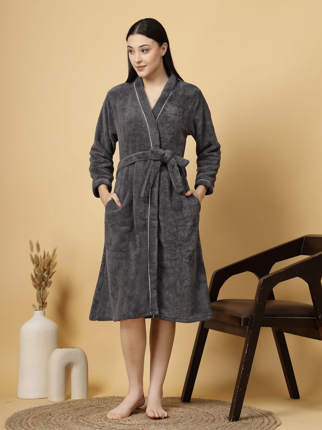 

FABINALIV Solid Cotton Bath Robe with Belt and 2 Cross Pockets, Grey