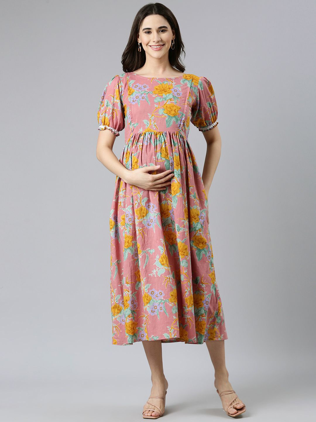 

Swishchick Floral Print Puff Sleeve Maternity Empire Midi Dress, Pink