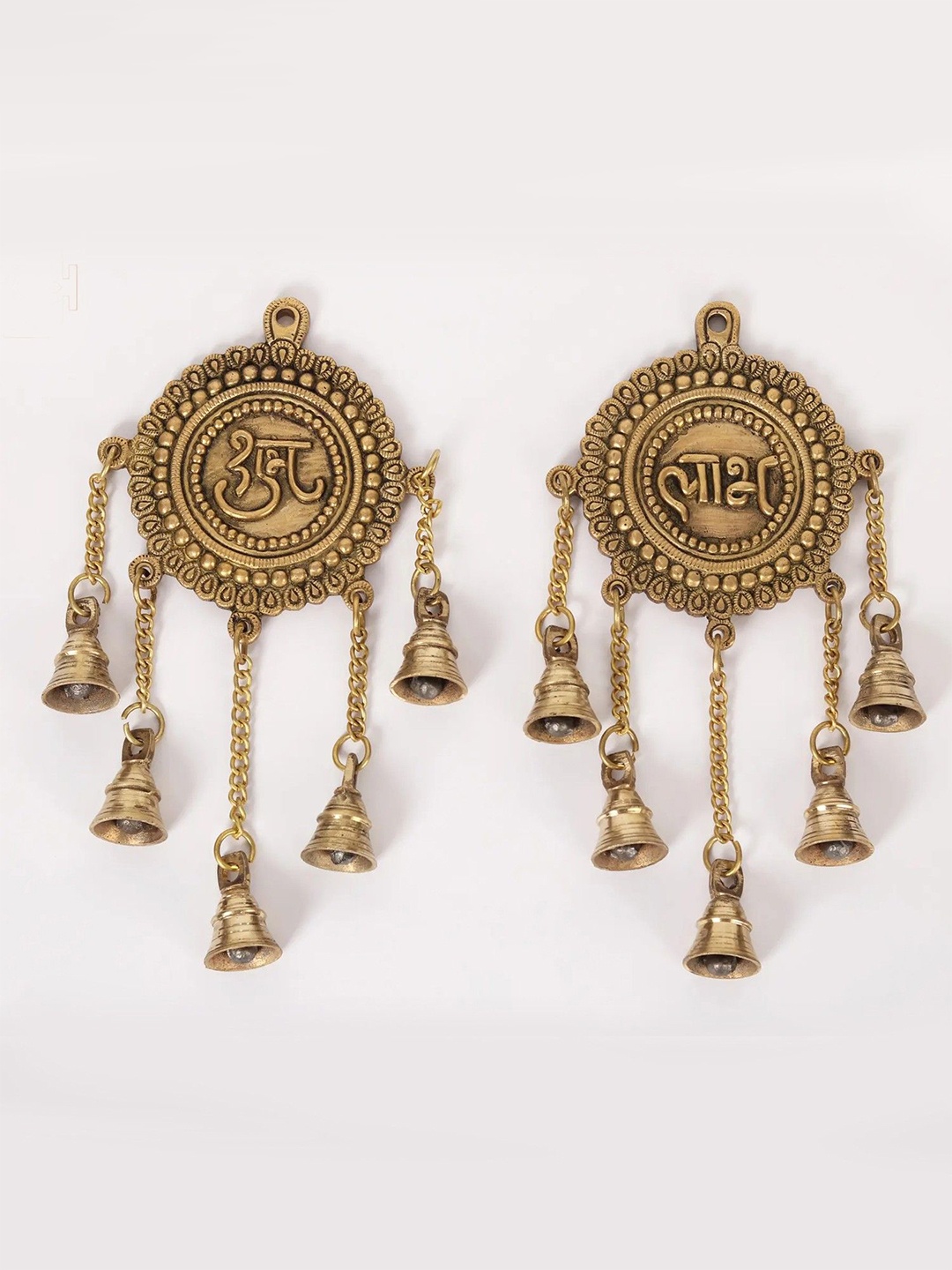 

Exotic India 11" Shubh Labh Brass Wall Hanging Pair with Bells, Gold