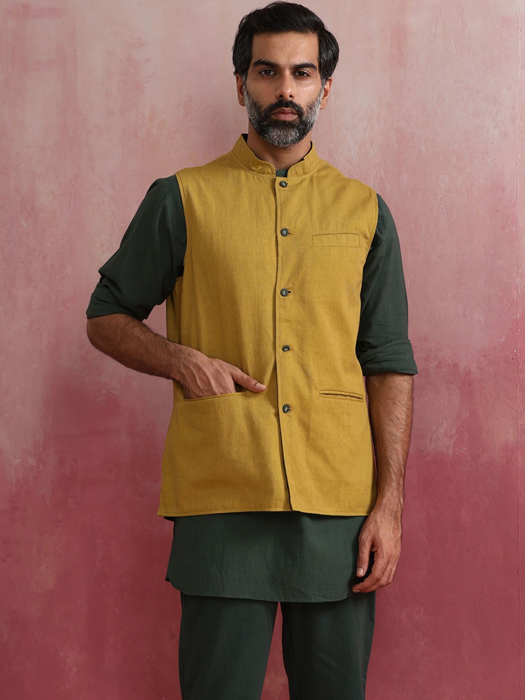 

trueBrowns Men Reversible Nehru Jacket, Mustard