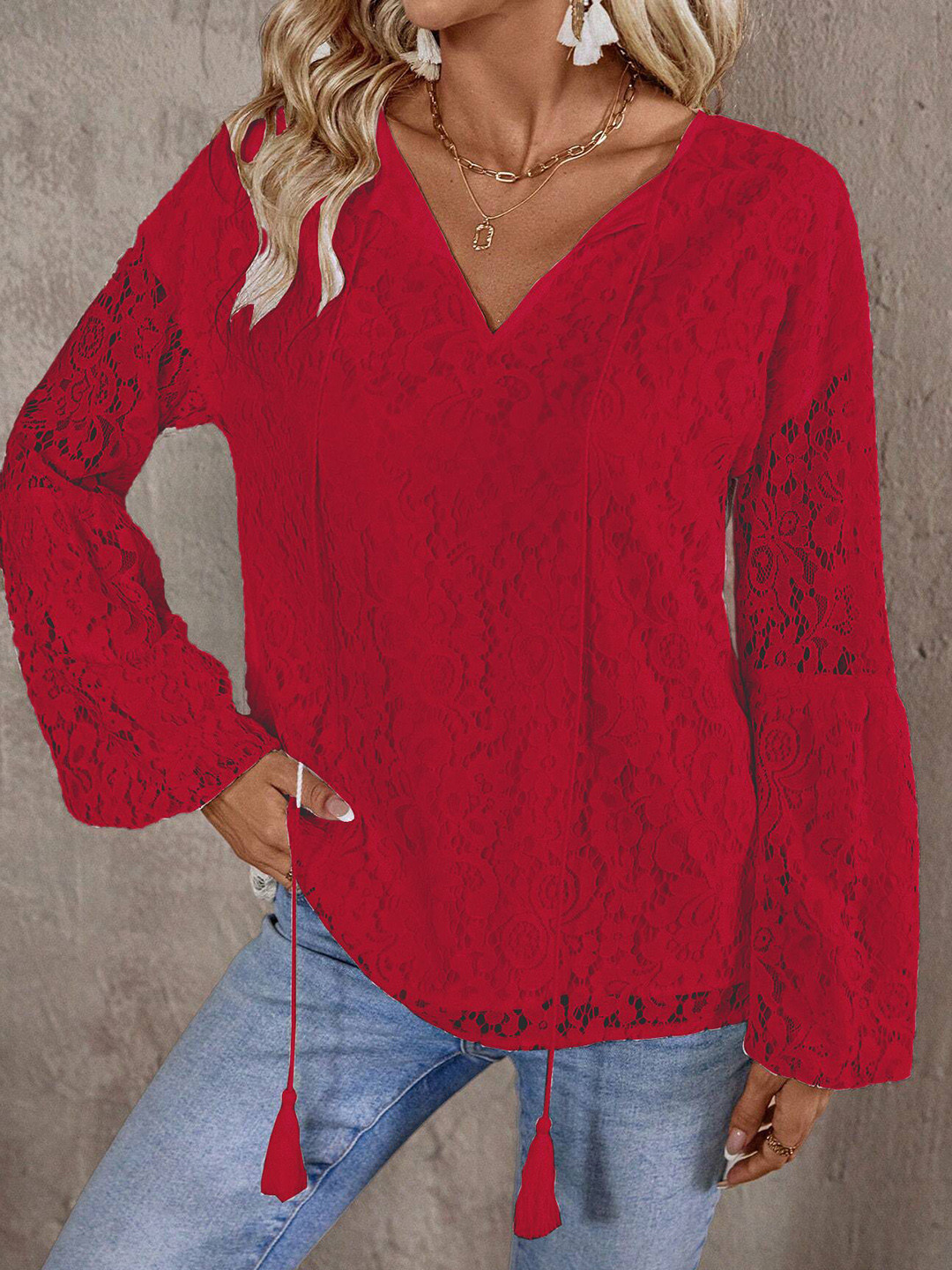 

StyleCast x Revolte Women Floral Self Design V-Neck Top, Red