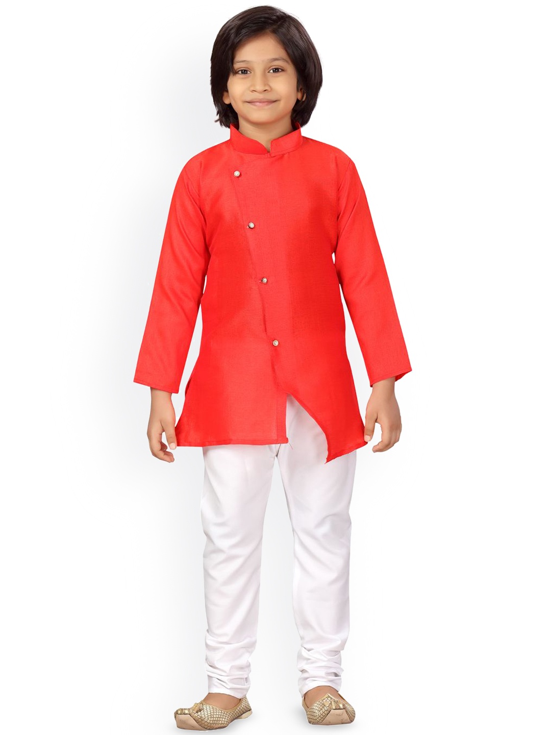 

BAESD Boys Angrakha Mandarin Collar Pure Cotton Straight Kurta With Churidar, Red