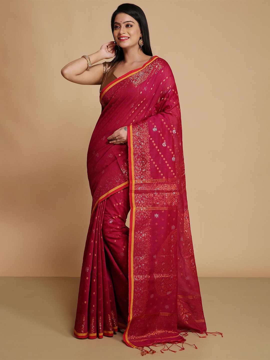 

WoodenTant Woven Design Ethnic Motifs Zari Saree, Magenta