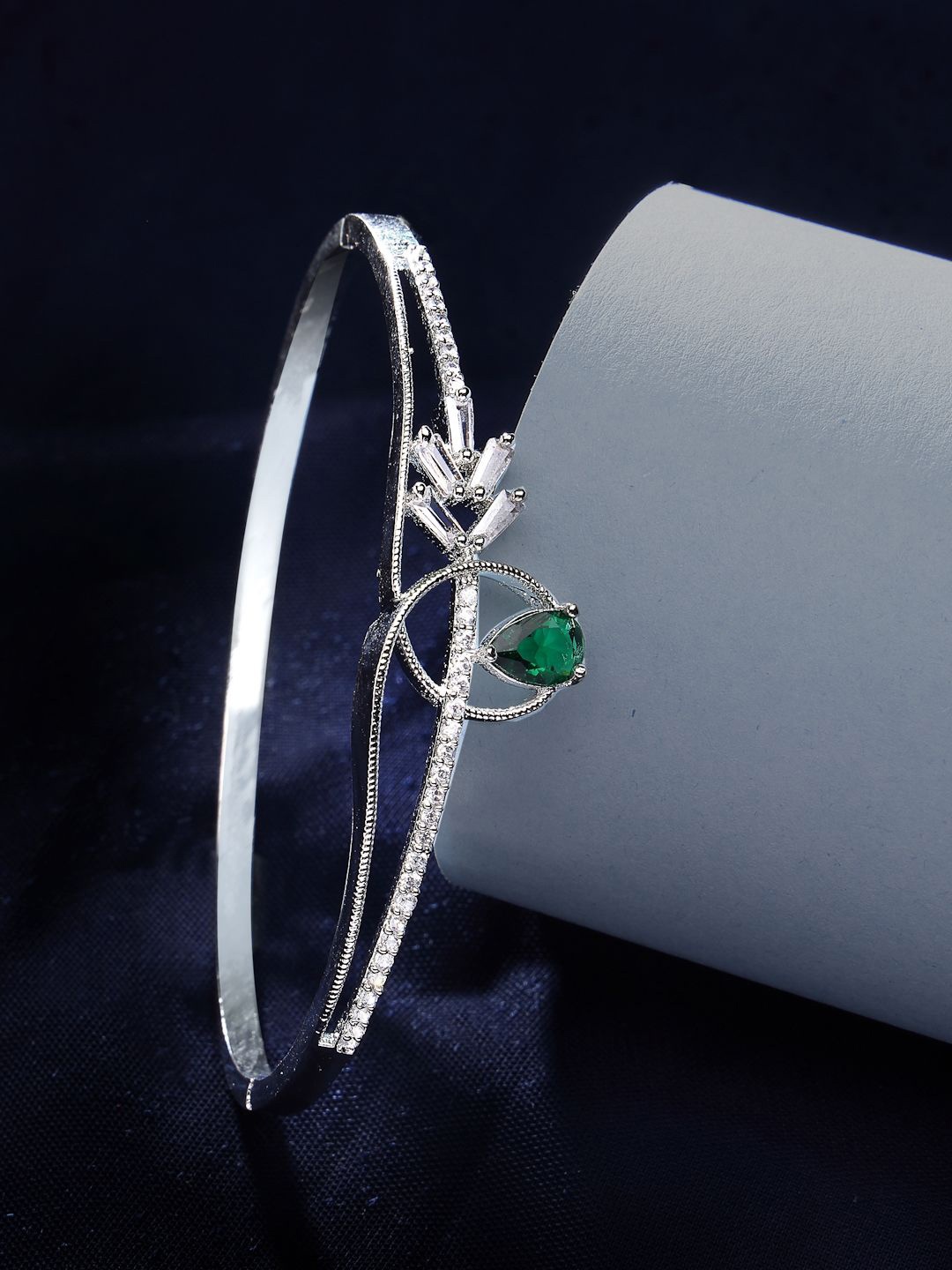 

ZENEME Rhodium-Plated American Diamond Studded Bangle-Style Bracelet, Silver