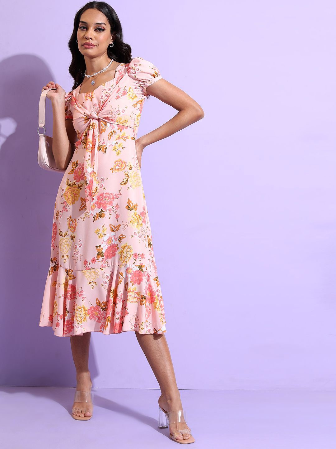 

Tokyo Talkies Floral Printed Fit & Flare Midi Dress, Pink