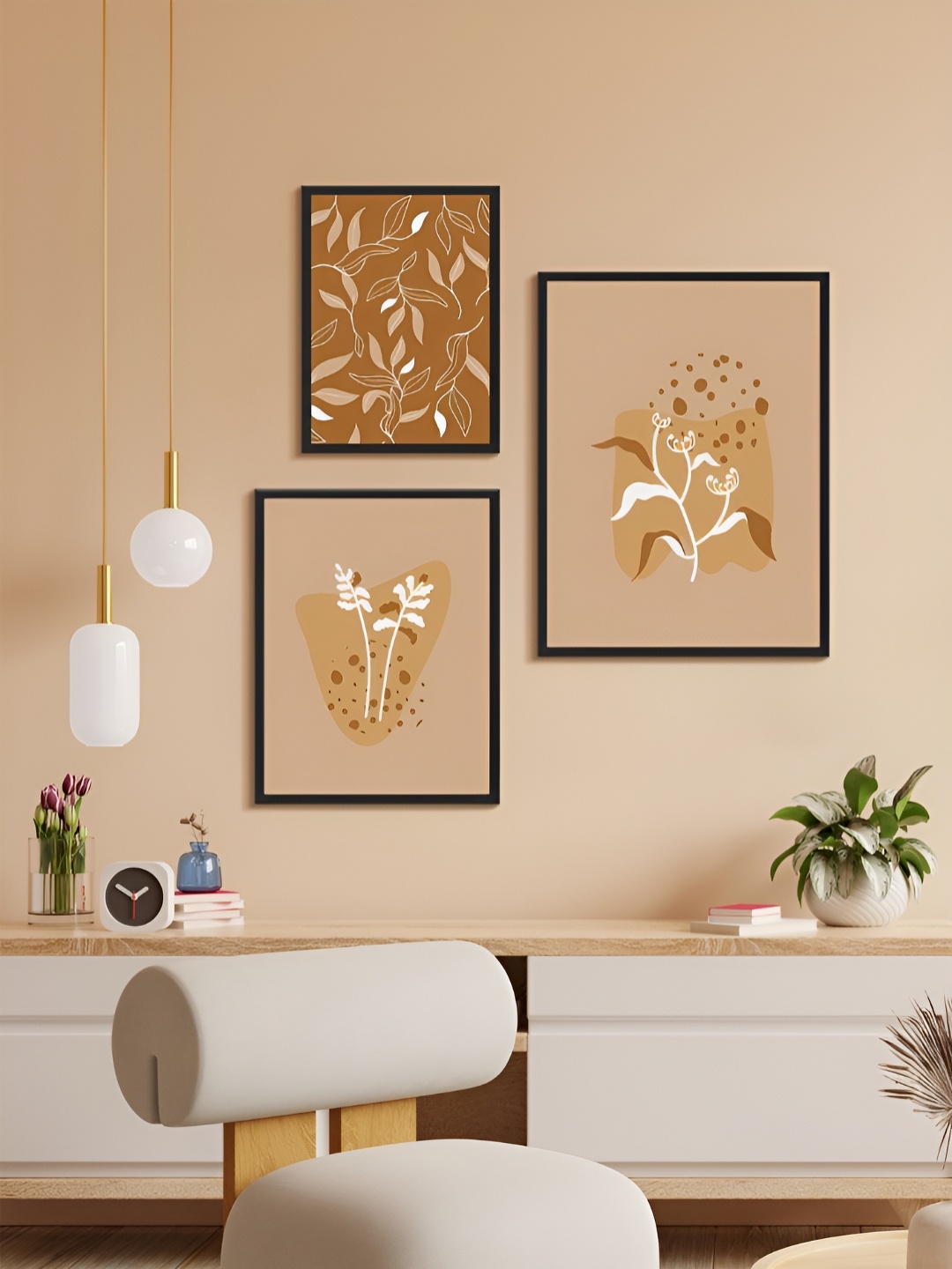 

999Store Brown & White 3 Piece Paper Floral and Botanical Wall Paintings