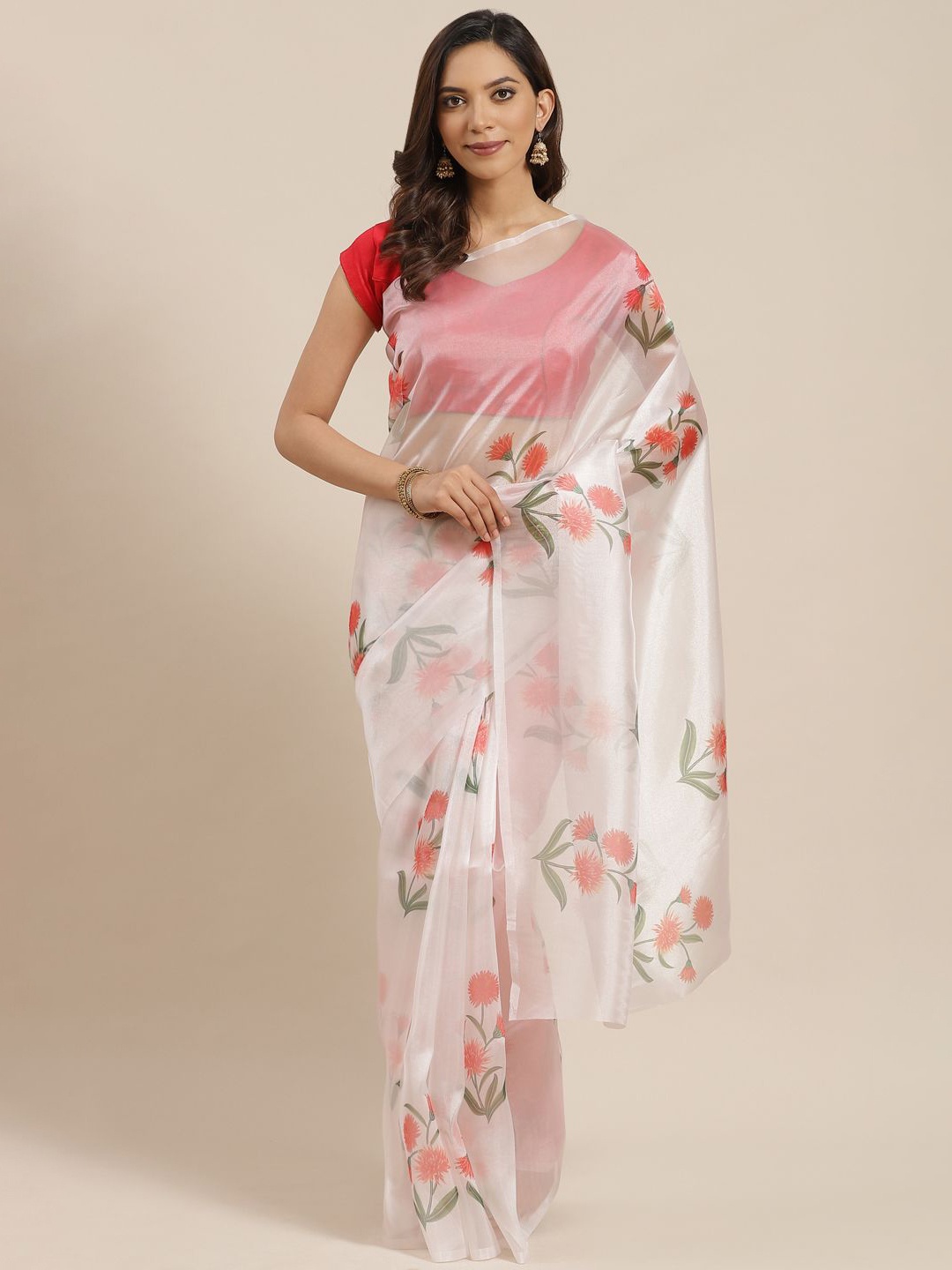 

KIMISHA Floral Printed Organza Saree, Off white