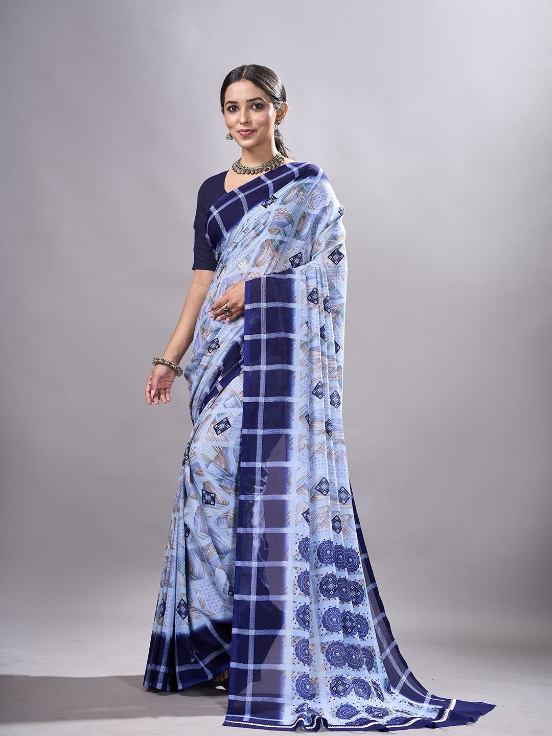 

NIRMAL CREATION Printed Geometric Saree, Blue