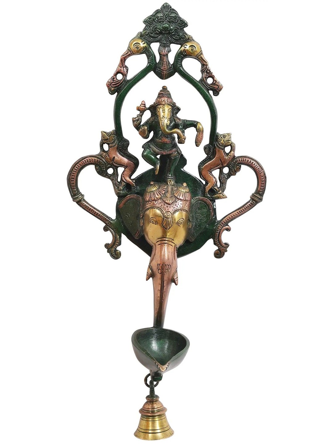 

Exotic India 16" Brass Dancing Ganesha Wall Hanging Lamp with Bell & Kirtimukha, Green