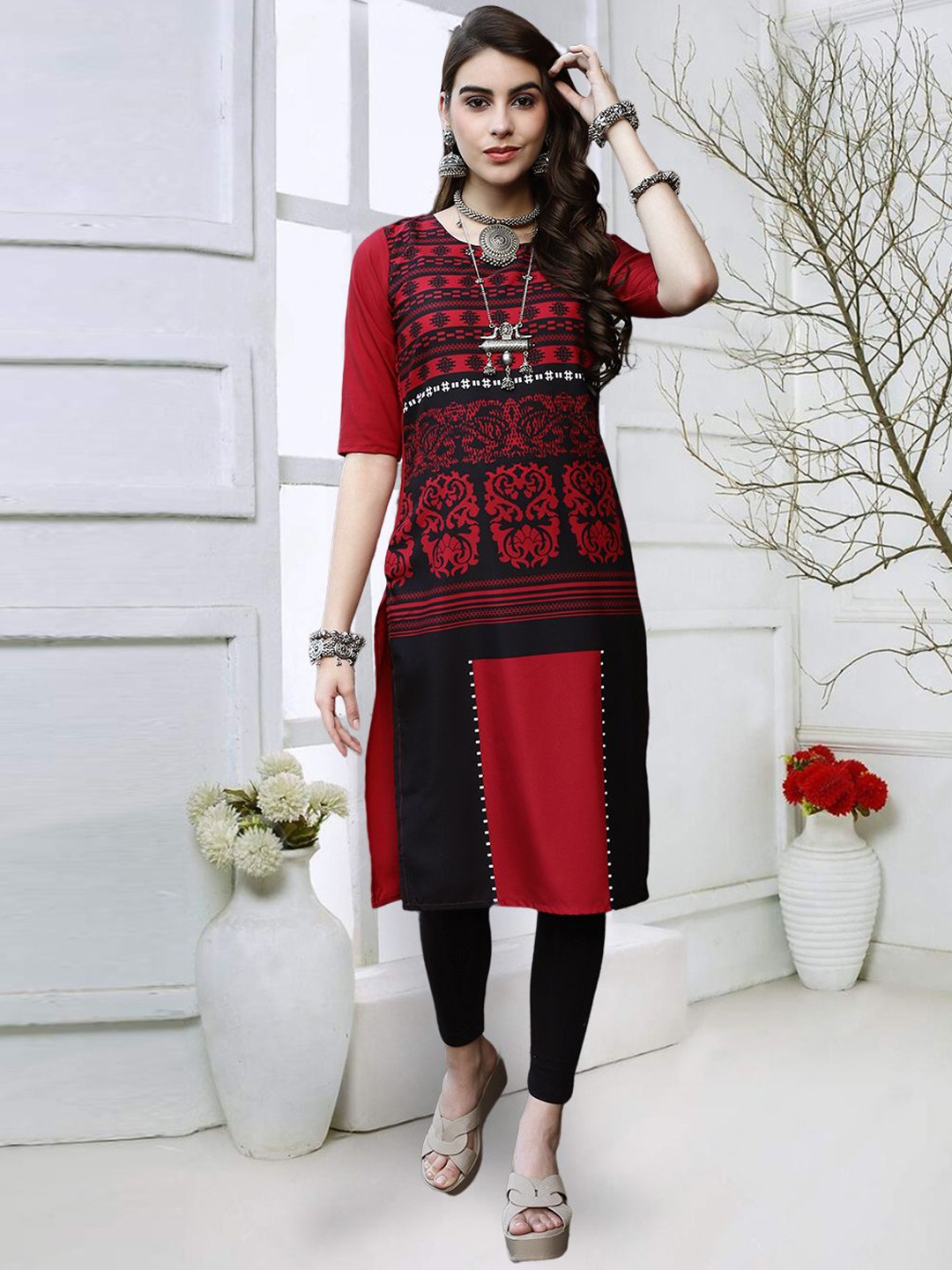 

7Threads Geometric Printed Round Neck Straight Kurta, Red