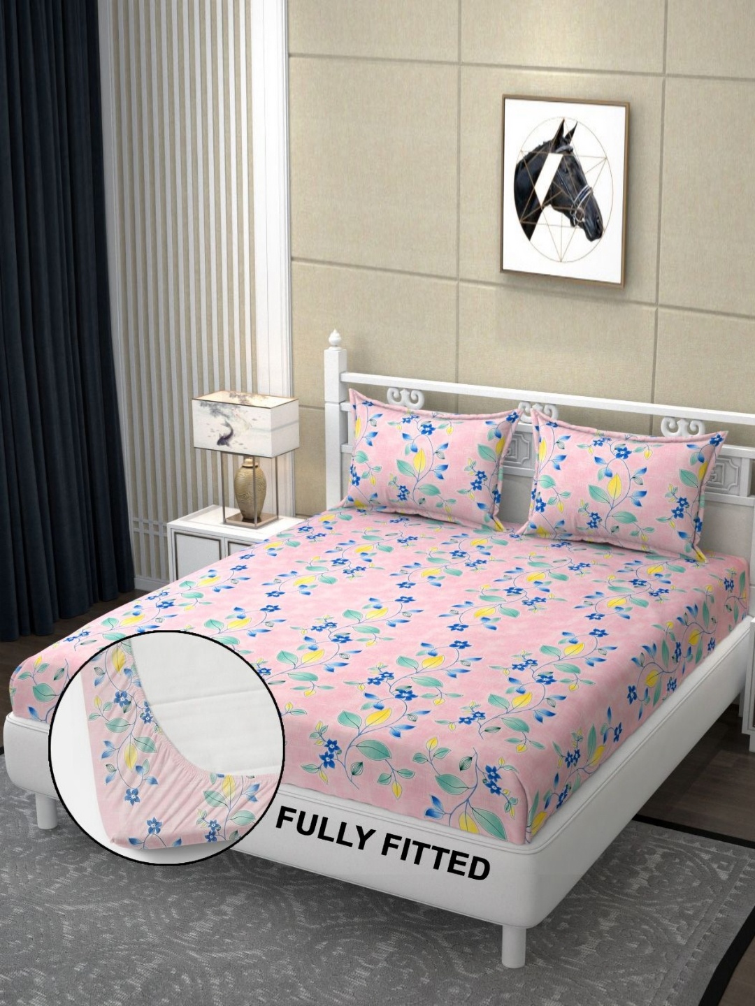 

FINE TEX WORLD Pink & Blue 210 TC King Bedsheet with 2 Pillow Covers