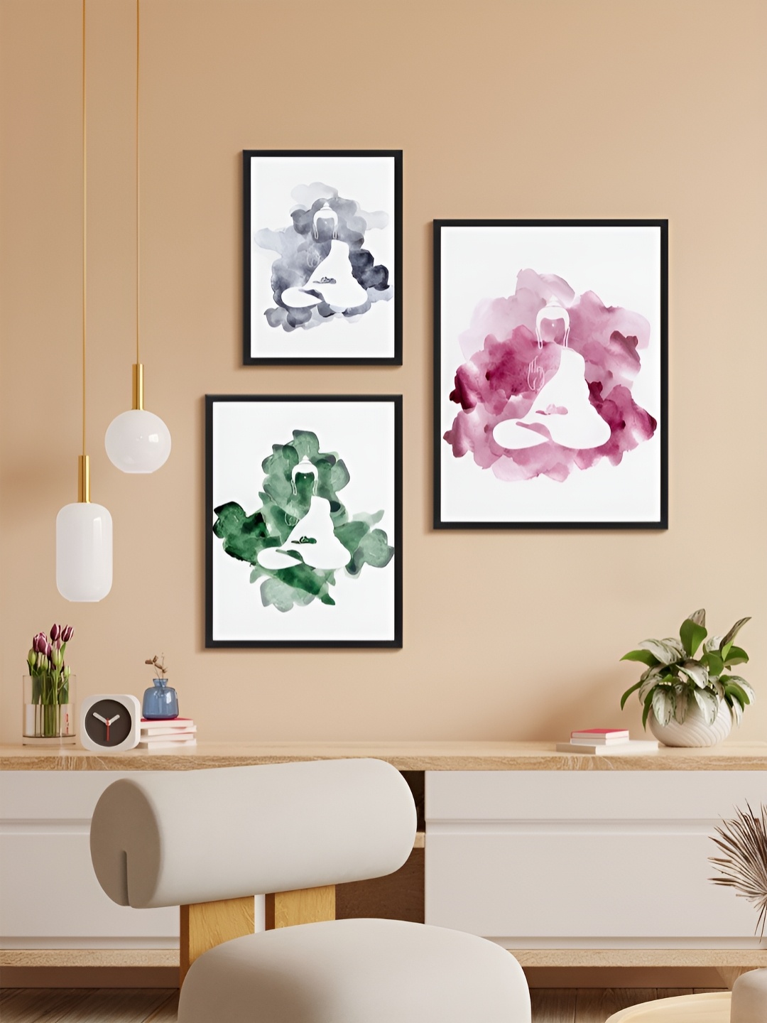 

999Store White & Green 3 Piece Paper Religious Wall Paintings