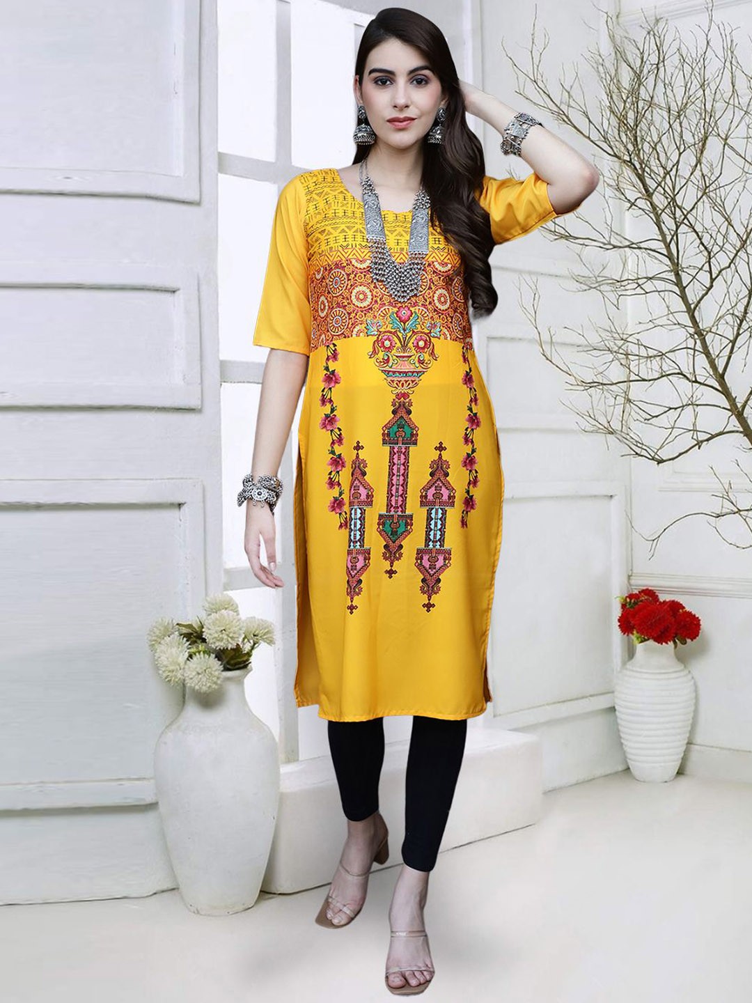 

KALINI Ethnic Motifs Printed Mirror Work Straight Kurta, Yellow