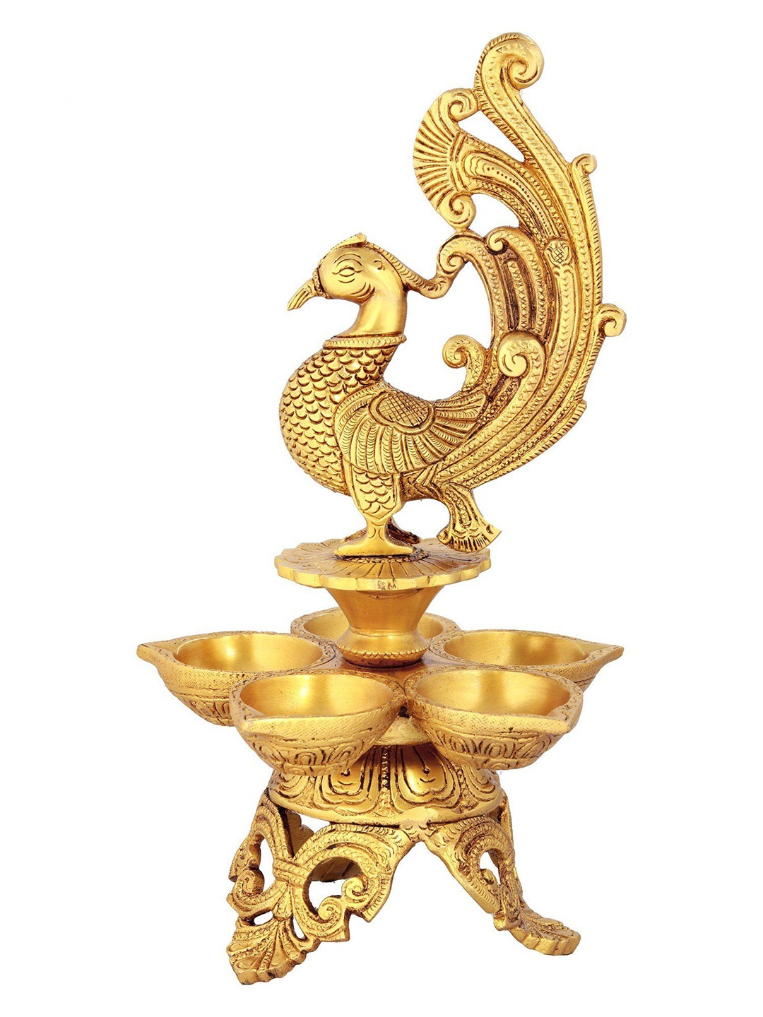 

Exotic India 11" Five Wicks Peacock Lamp in Brass, Gold