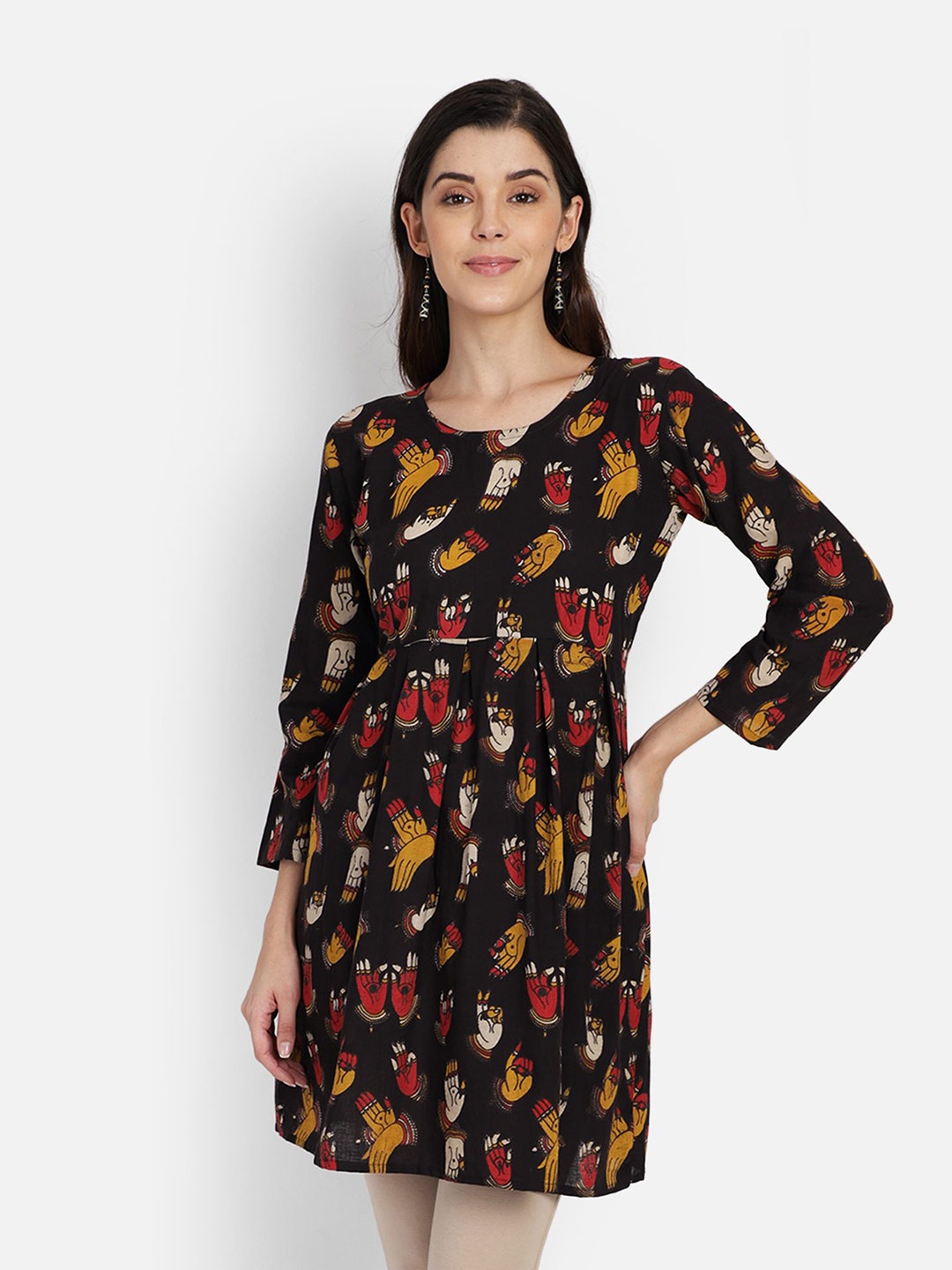 

SAHORA Floral Print Block Print Cotton Empire Longline Top, Black