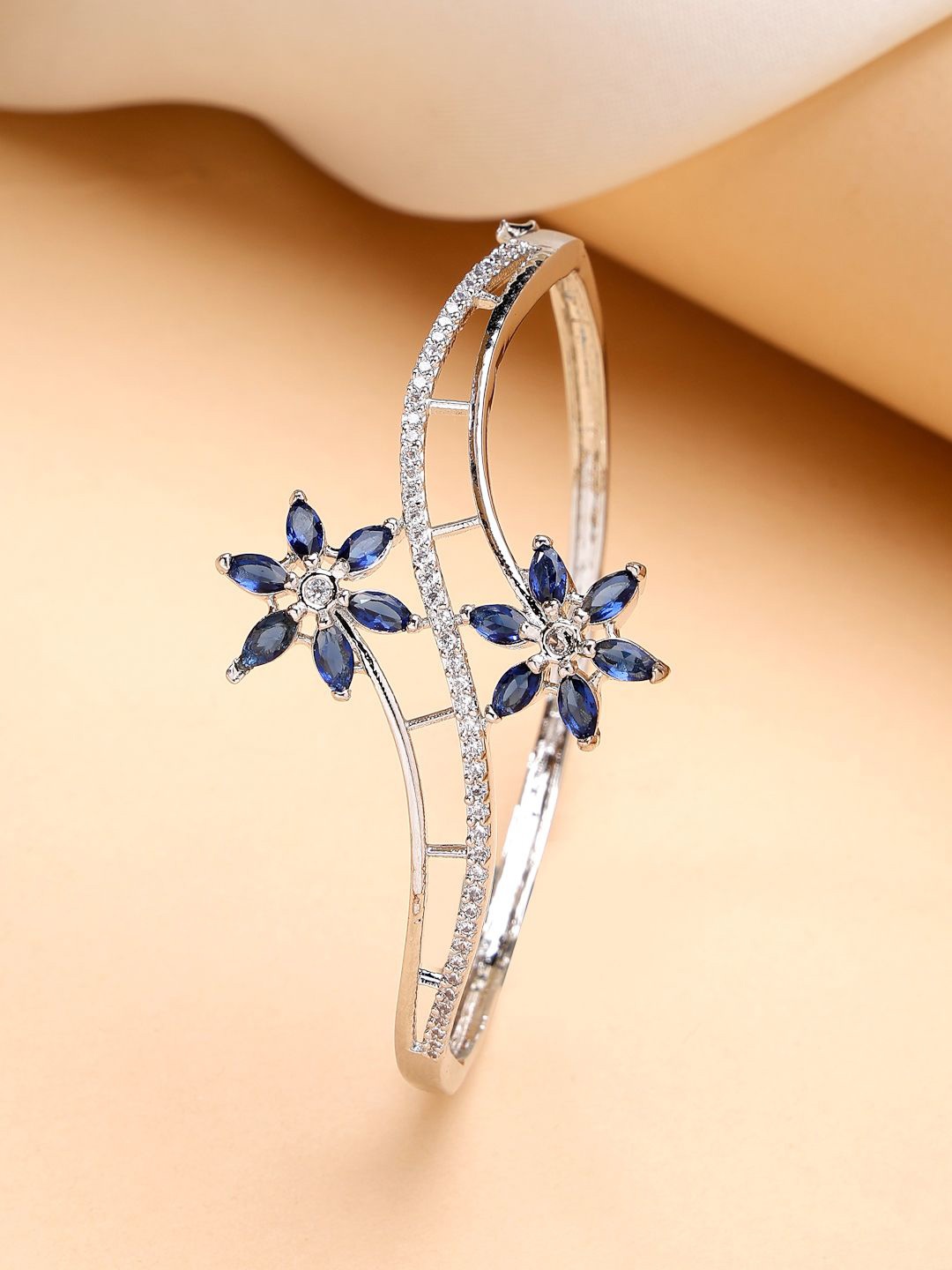 

ZENEME Rhodium-Plated American Diamond Studded Bangle-Style Bracelet, Silver