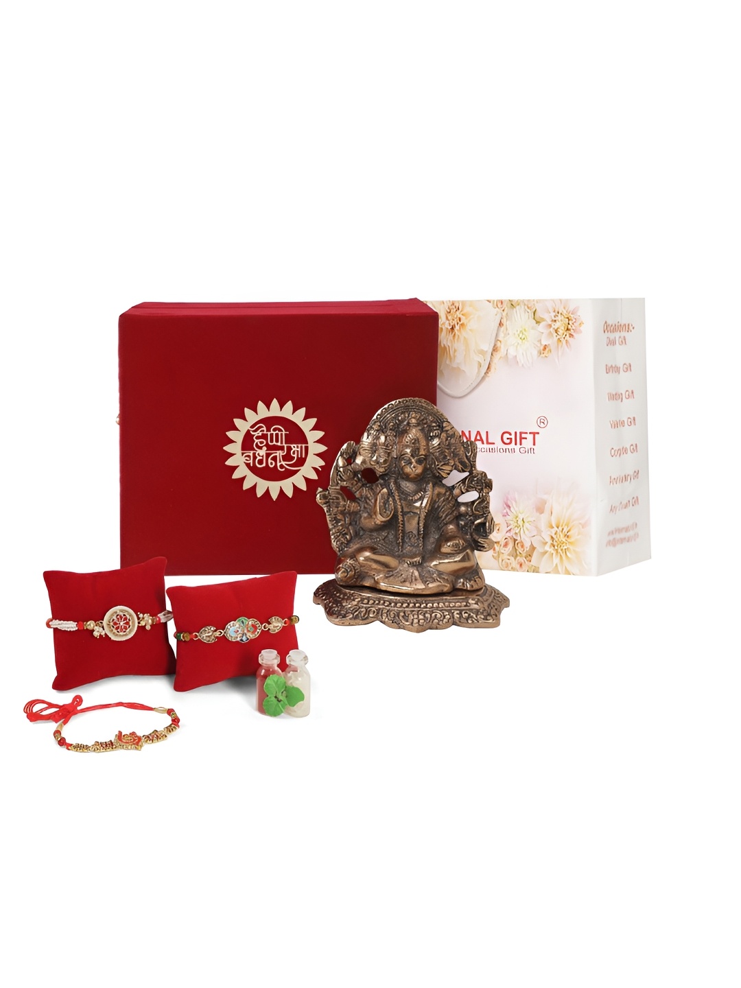 

INTERNATIONAL GIFT Set Of 3 Rakhi Gift Set with Copper Panchmukhi Hanuman God Idol