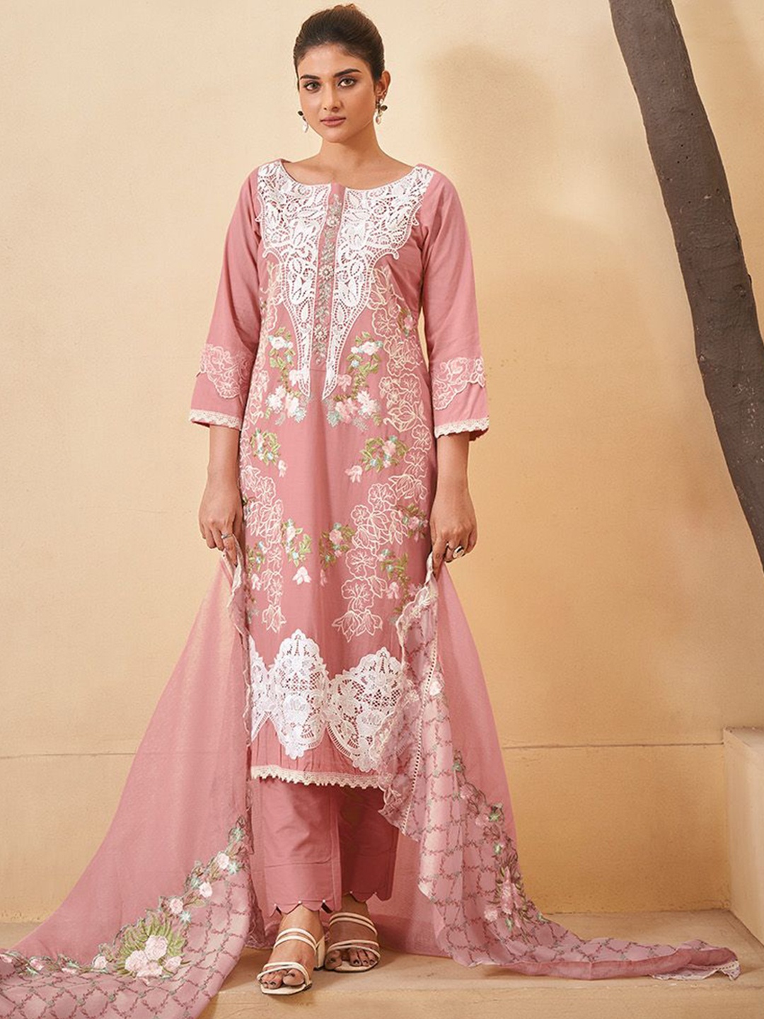 

Kaftanize Floral Embroidered Regular Pure Cotton Straight Kurta with Trousers & Dupatta, Peach