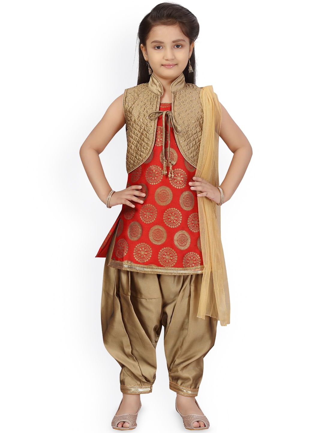

BAESD Girls Ethnic Motifs Regular Pure Silk Kurti with Patiala & With Dupatta, Red