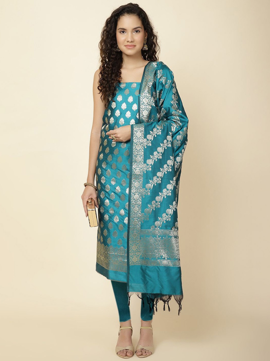 

Meena Bazaar Art Silk Unstitched Dress Material, Sea green