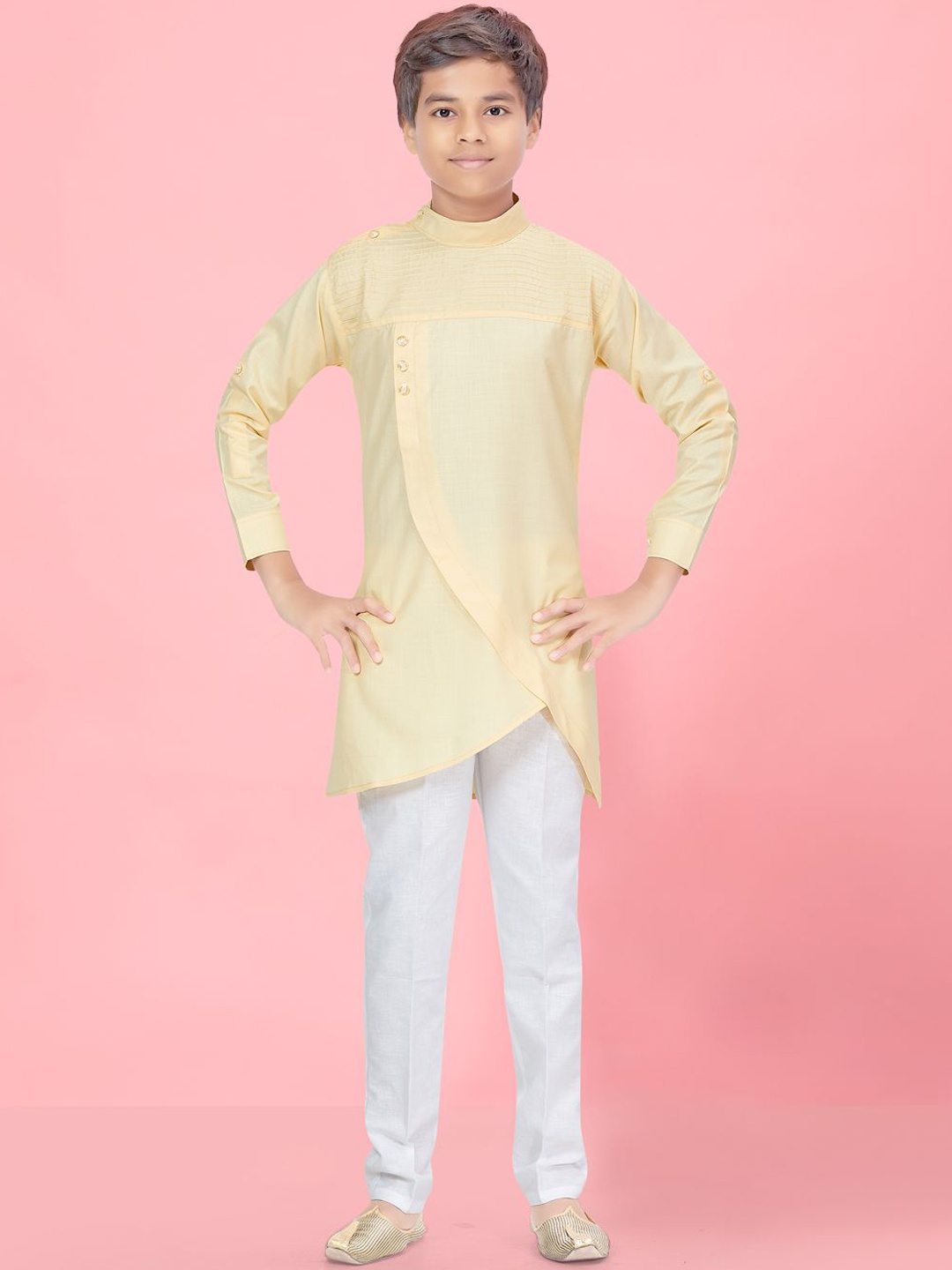 

BAESD Boys Angrakha Mandarin Collar Pure Cotton Asymmetric Straight Kurta With Pyjamas, Cream