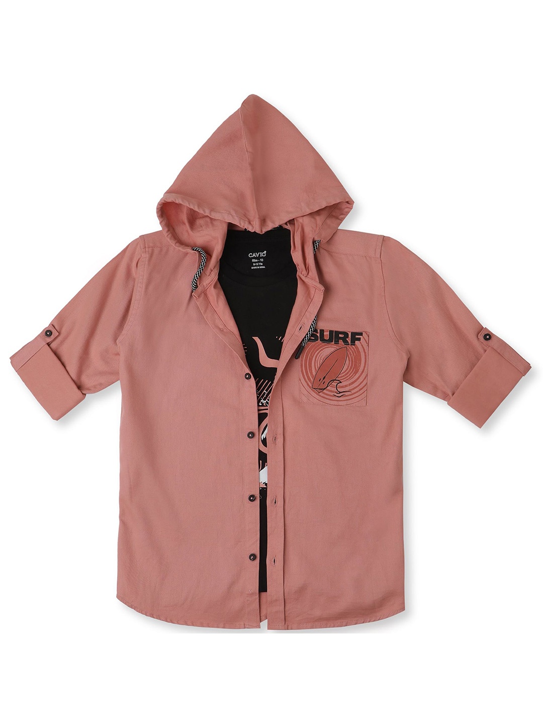 

CAVIO Boys Hood Graphic Printed Cotton Casual Shirt & T-Shirt, Pink