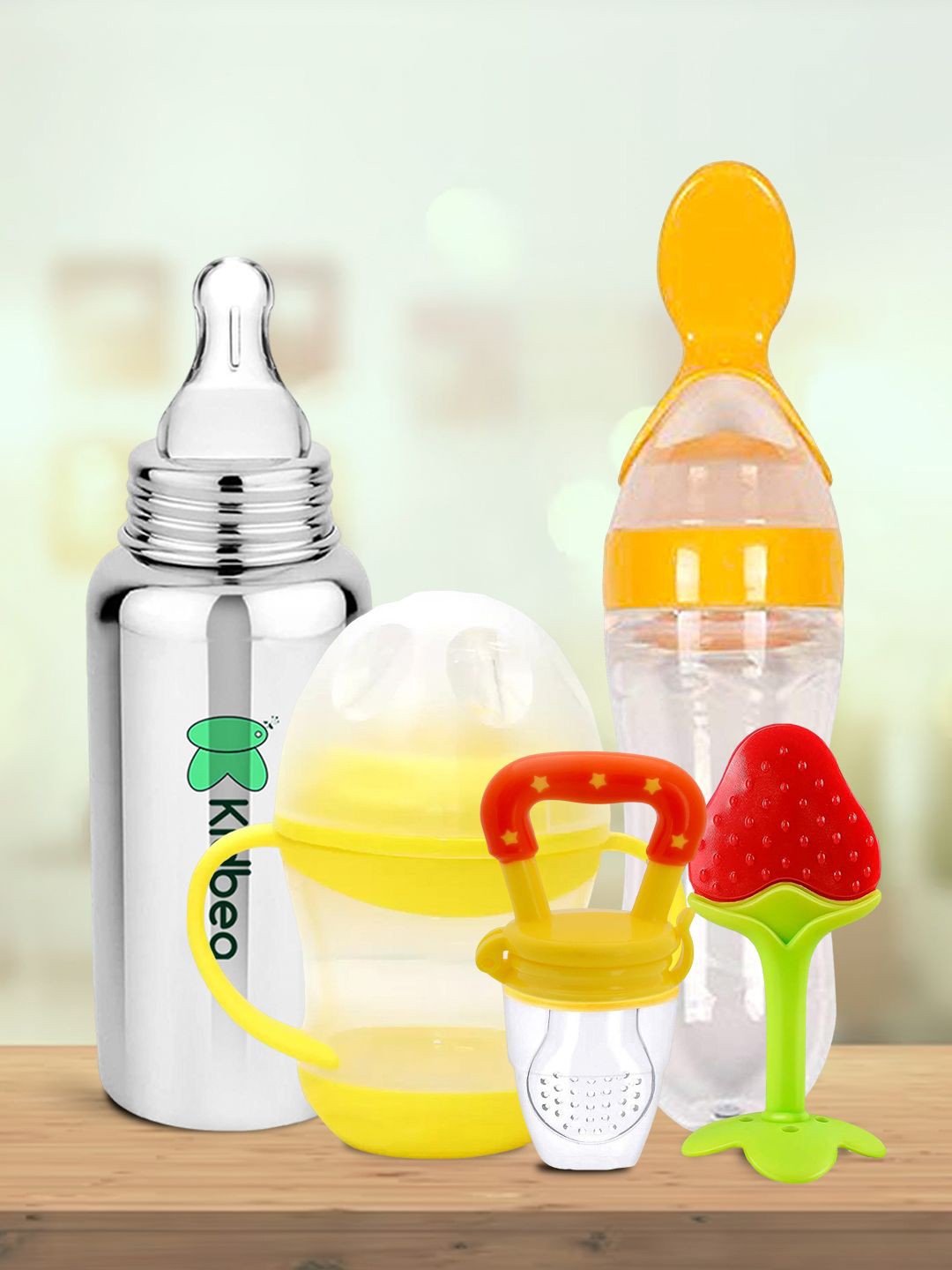 

Kidbea Infants 5Pcs Yellow & Red Sipper, Teether, Water & Feeding Bottles