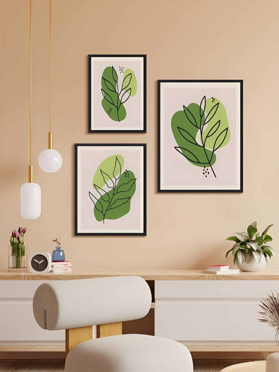 

999Store White & Green 3 Piece Paper Floral and Botanical Wall Paintings