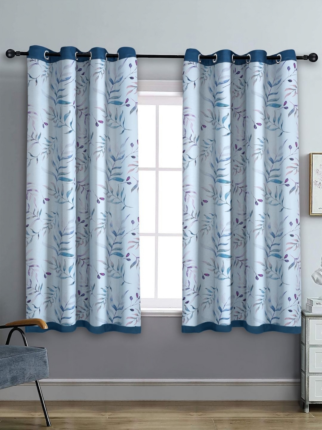 

Aura White & Blue Set of 2 Floral Black Out Window Curtain