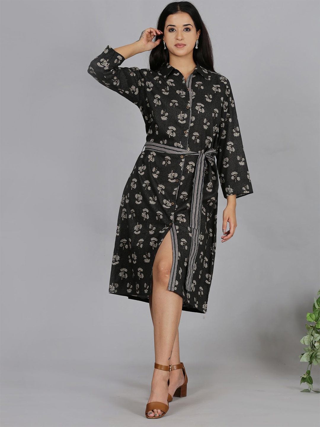 

Spring Soul Floral Print Shirt Midi Dress, Grey