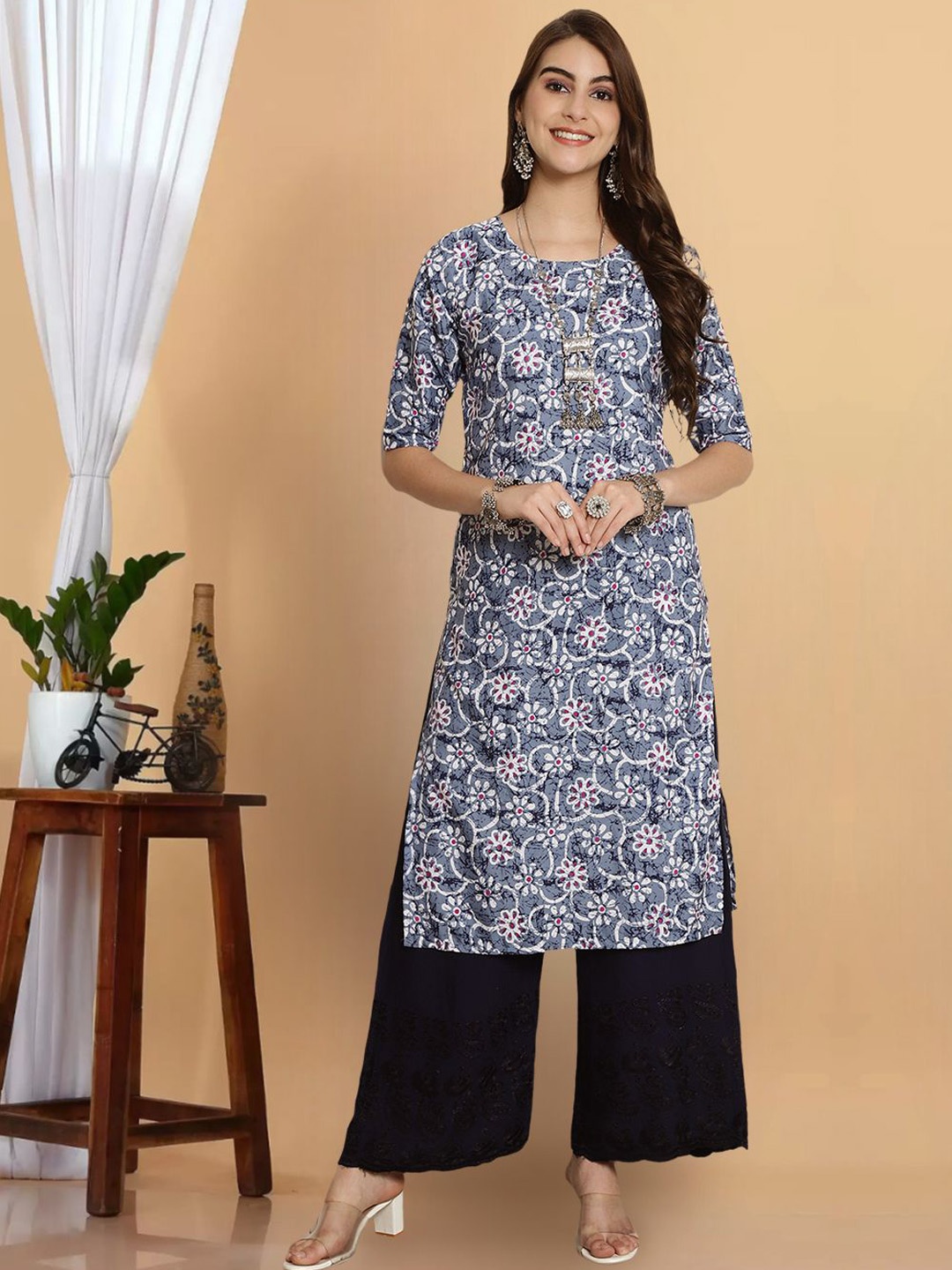 

1 Stop Fashion premium Floral Printed Straight Kurta, Blue