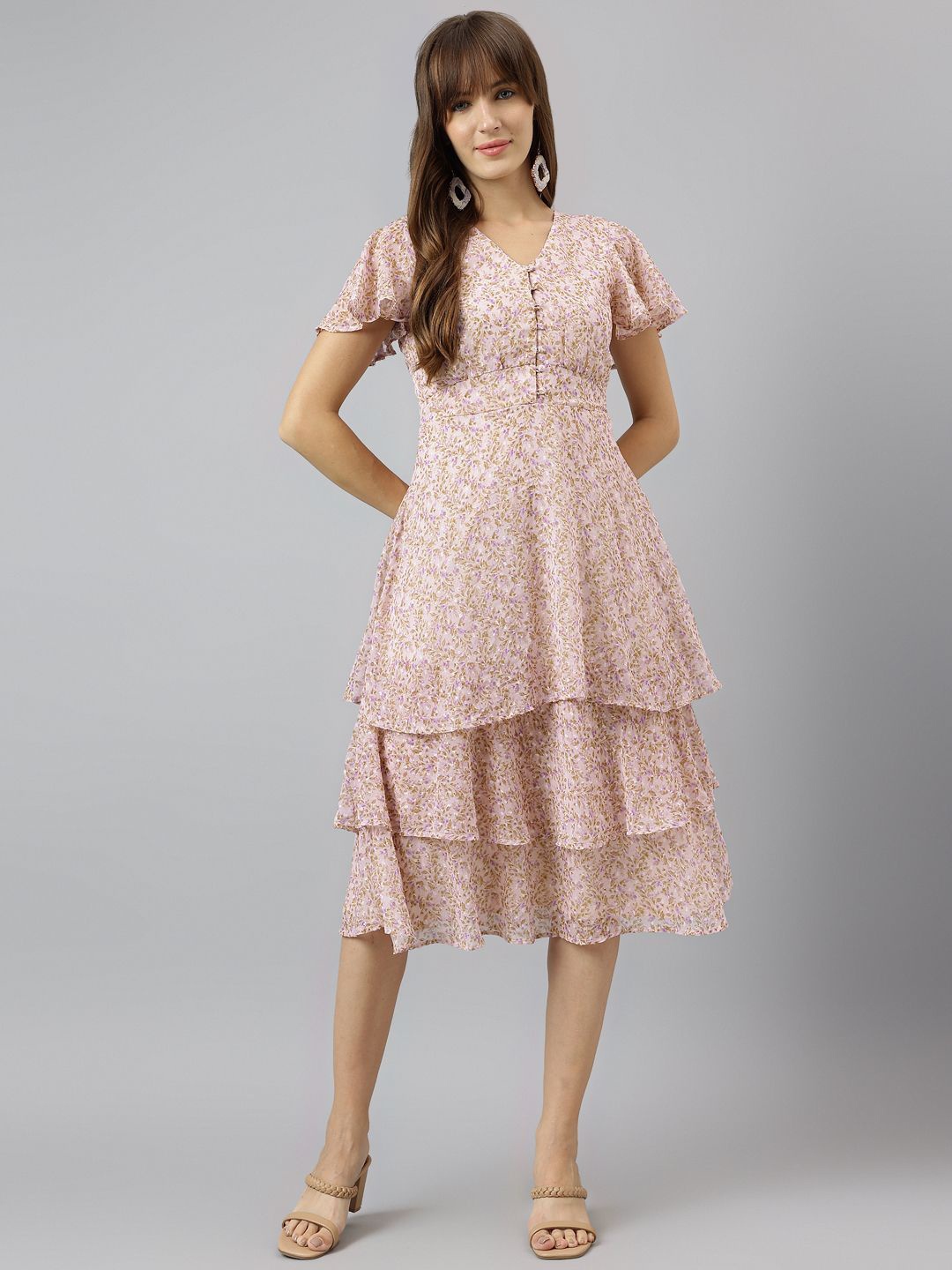 

Latin Quarters Floral Print Puff Sleeve Fit & Flare Midi Dress, Purple