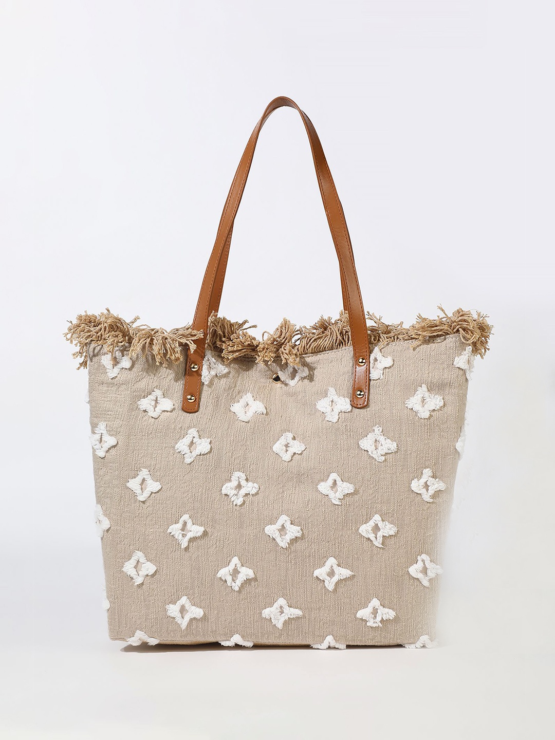 

LULU & SKY Printed Oversized Structured Handheld Bag with Fringed, Khaki