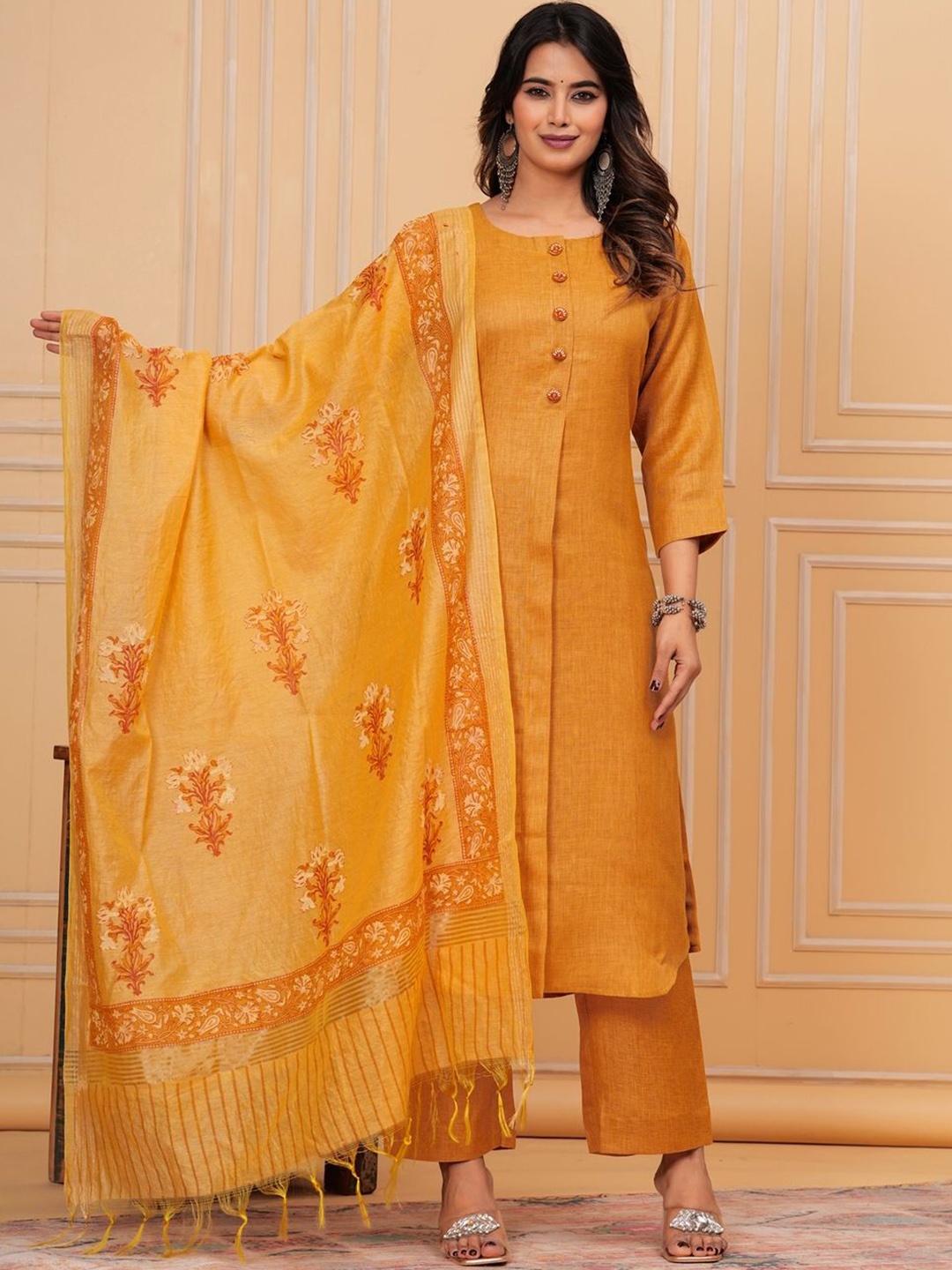 

KALINI Women Regular Linen Kurta with Trousers & With Dupatta, Mustard