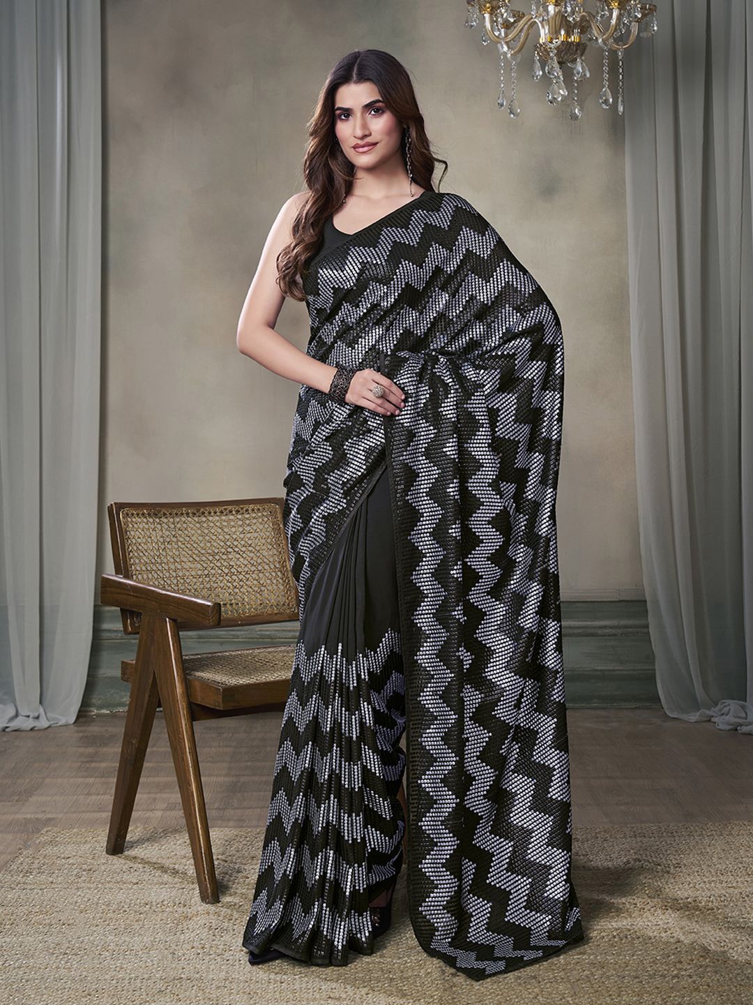 

Inddus Sequinned Poly Georgette Saree, Black