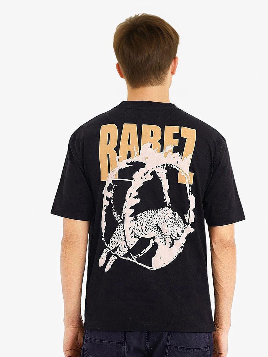 

RARE RABBIT Men Printed Raw Edge T-shirt, Black