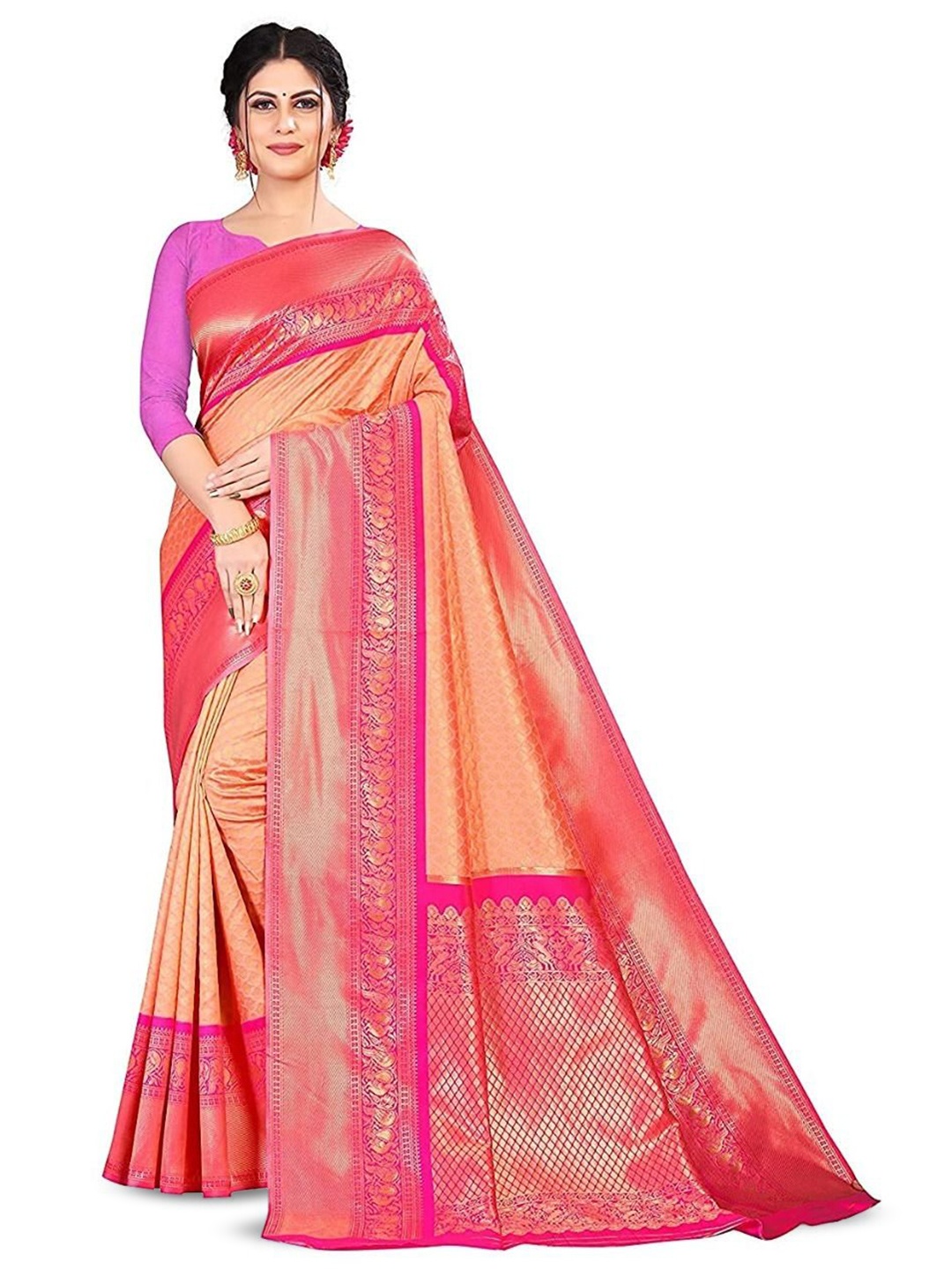 

revika Ethnic Motifs Zari Pure Silk Kanjeevaram Saree, Peach