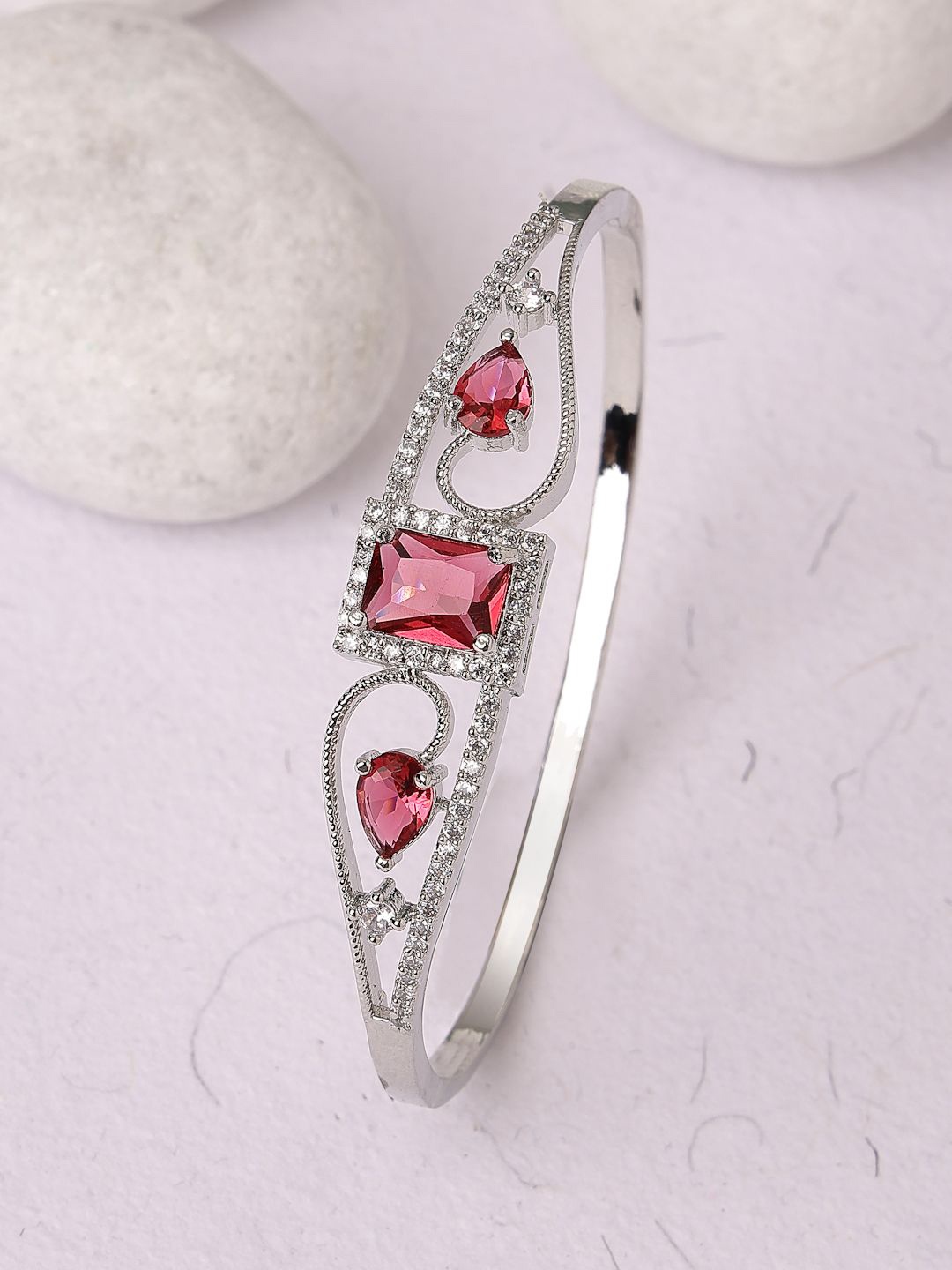 

ZENEME Rhodium-Plated American Diamond Studded Bangle-Style Bracelet, Silver