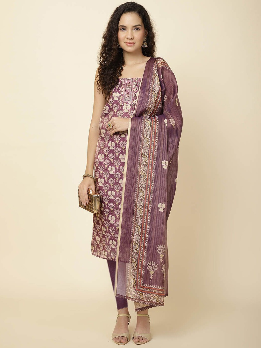 

Meena Bazaar Printed Unstitched Dress Material, Burgundy