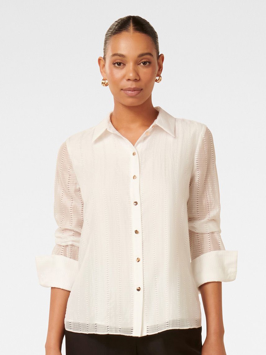 

Forever New Women Classic Spread Collar Schiffli Lyocell Casual Shirt, White