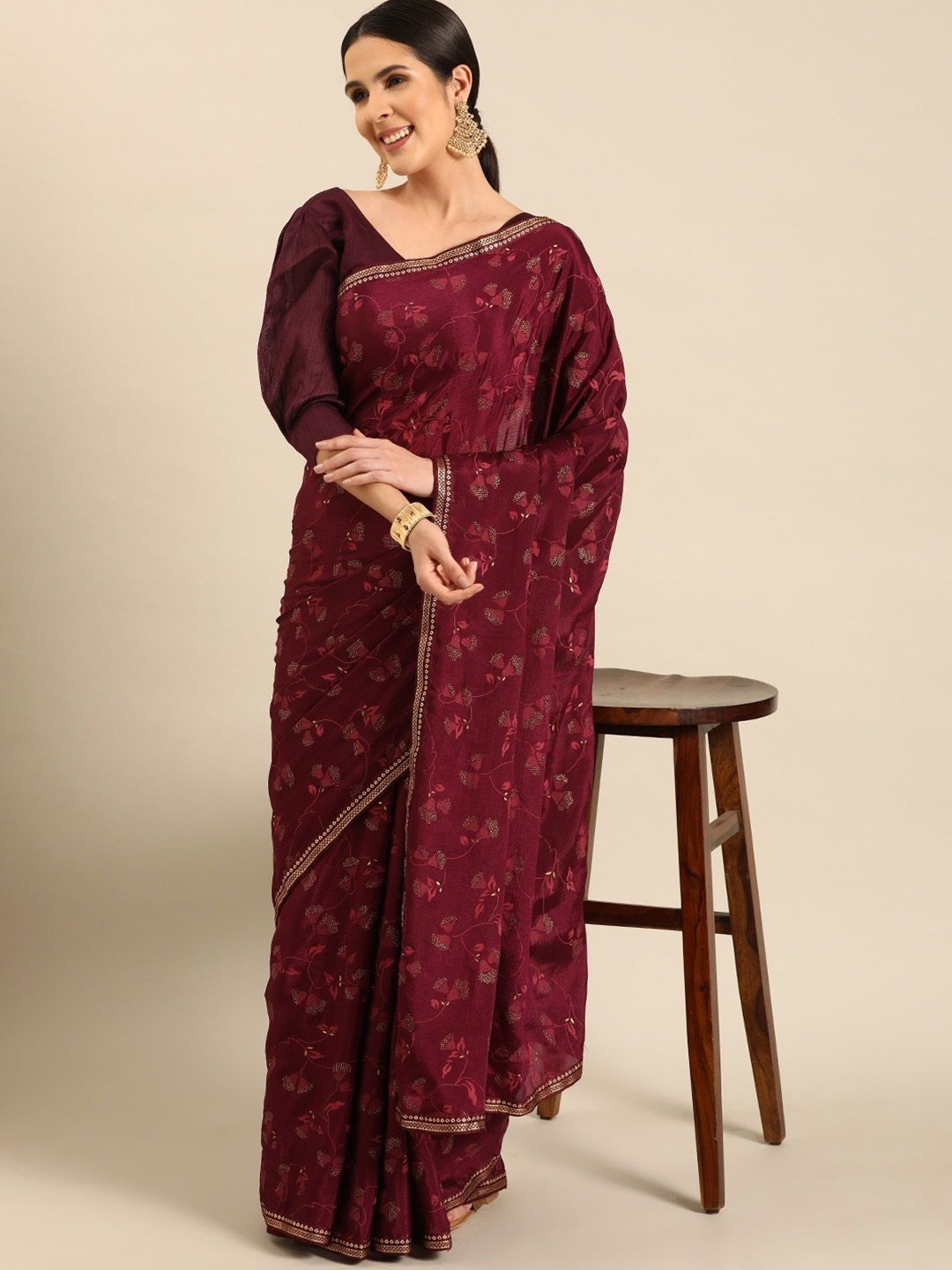 

all about you Ethnic Motifs Embroidered Printed Saree, Purple