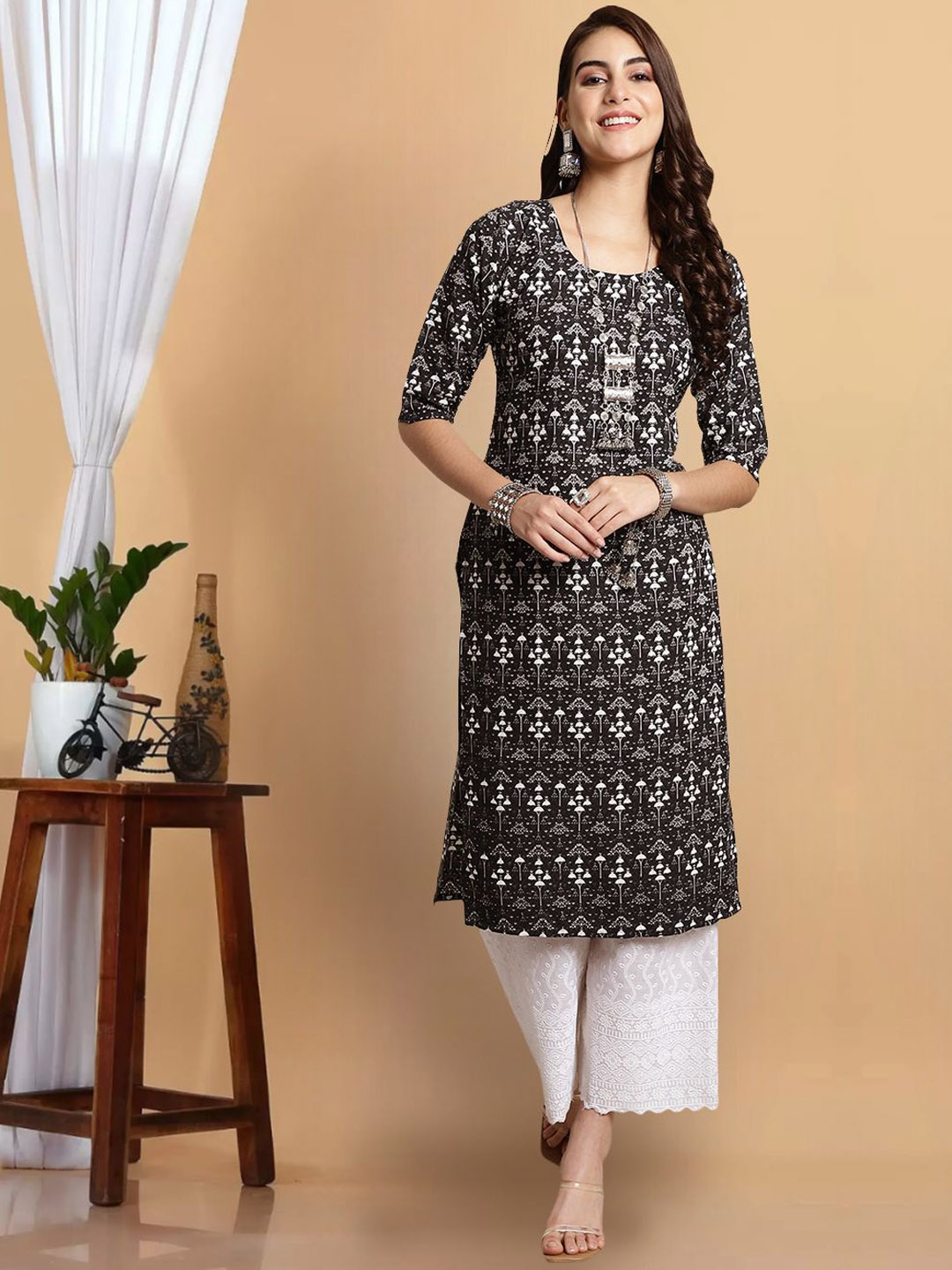 

7Threads Ethnic Motifs Printed Kurta, Black