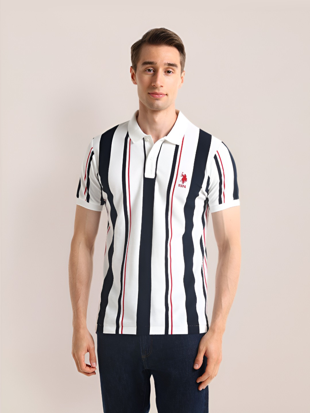 

U.S. Polo Assn. Men Striped Polo Collar Pockets Slim Fit T-shirt, White