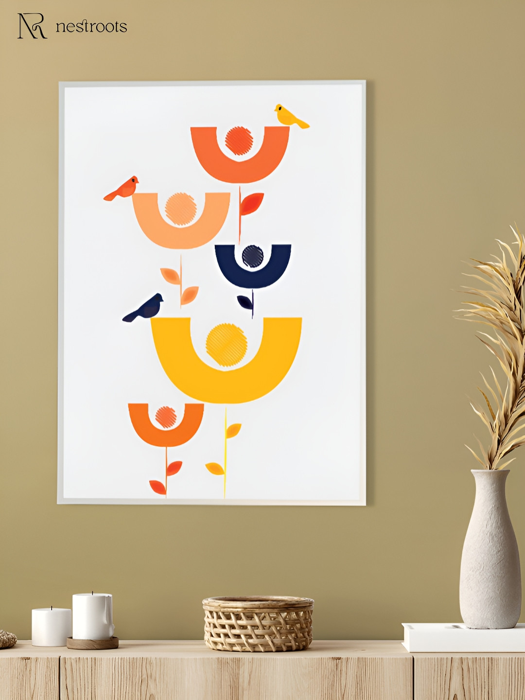 

nestroots Off White & Yellow Colorful Birds Abstract Canvas Wall Painting