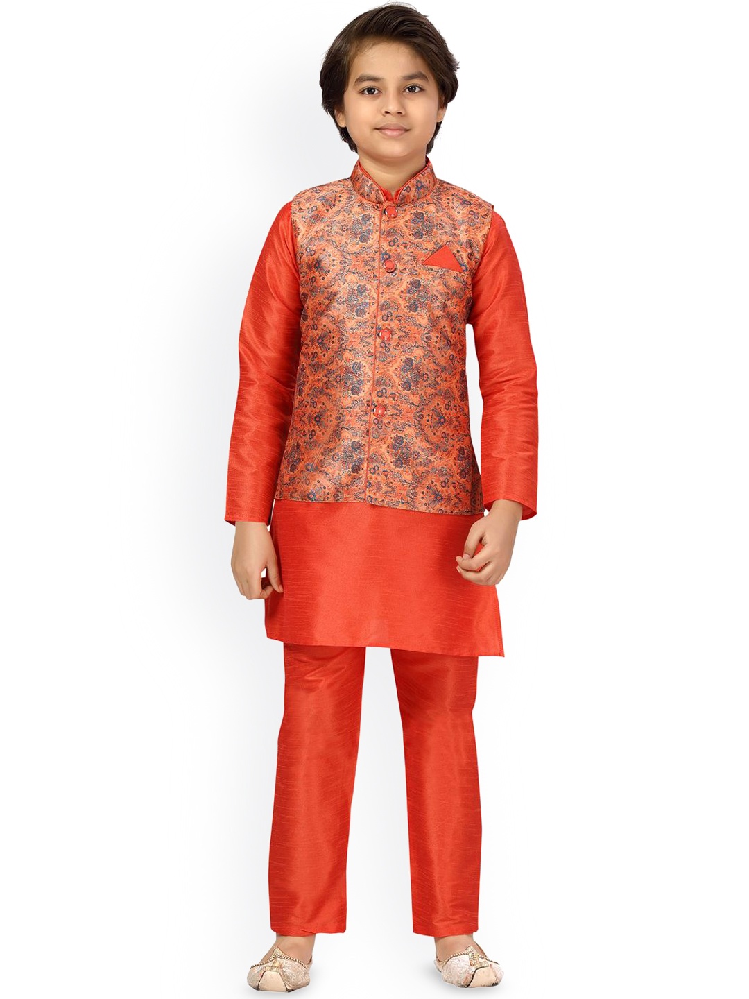 

BAESD Boys Mandarin Collar Pure Cotton Straight Kurta With Pyjamas And Waistcoat, Orange