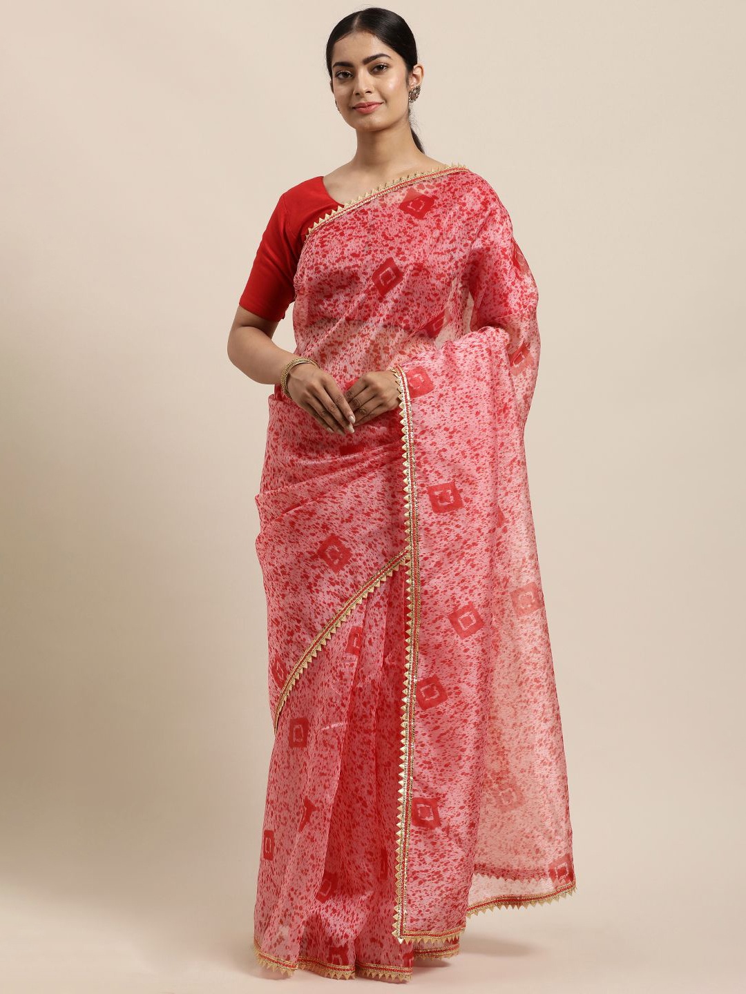 

KIMISHA Ethnic Motifs Printed Organza Saree, Red