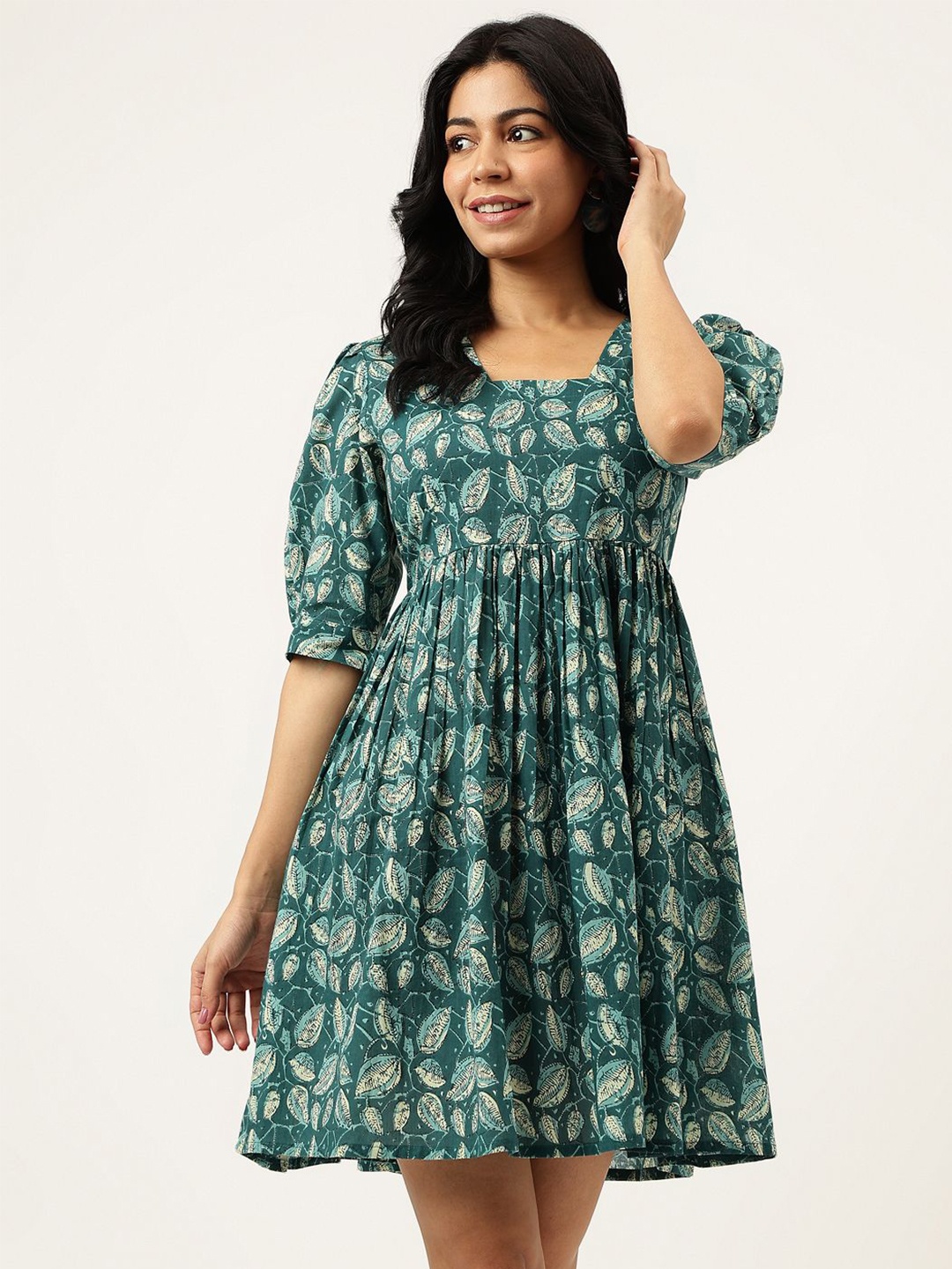 

SPARSA Ethnic Motifs Print Puff Sleeve Empire Dress, Teal