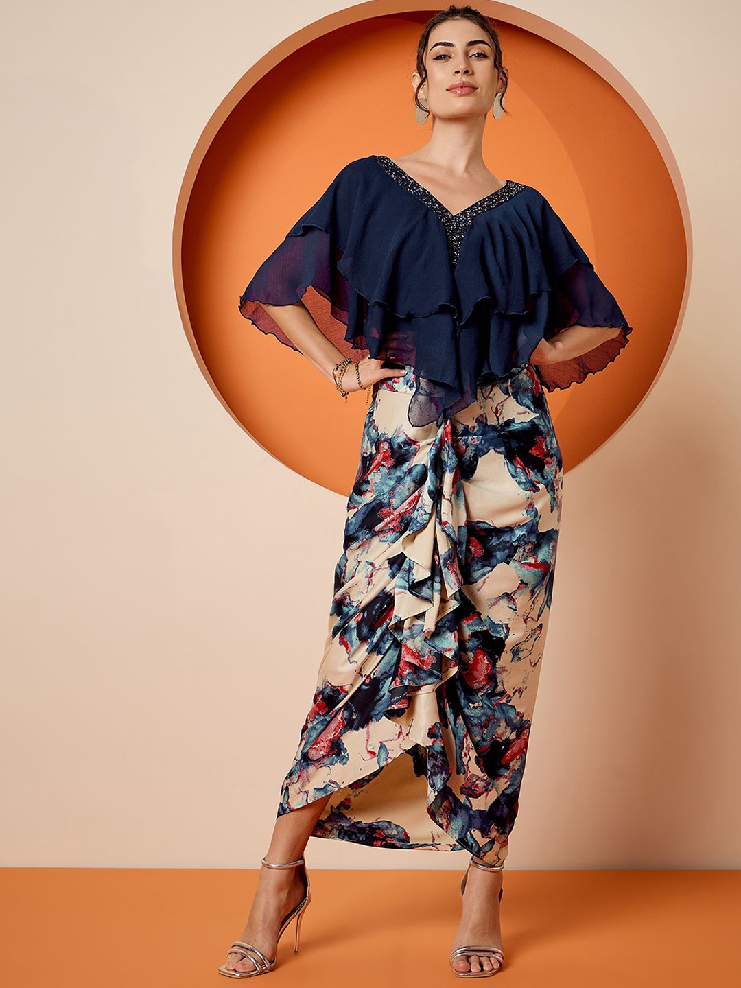 

Antheaa Navy Blue Embellished V-Neck Top & Skirt